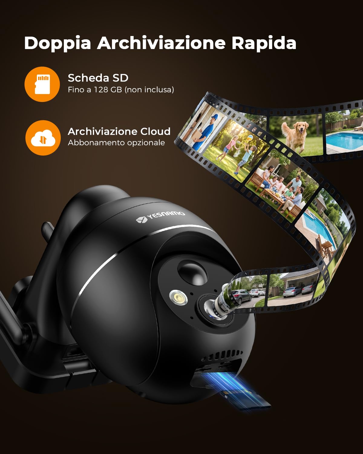 Telecamera Wi-Fi Esterno con Pannello Solare, 2K Videocamera Sorveglianza Esterno a Batteria 360° PTZ, Audio Bidirezionale, Visione Notturna A Colori, Allarmi PIR, IP66, Nero