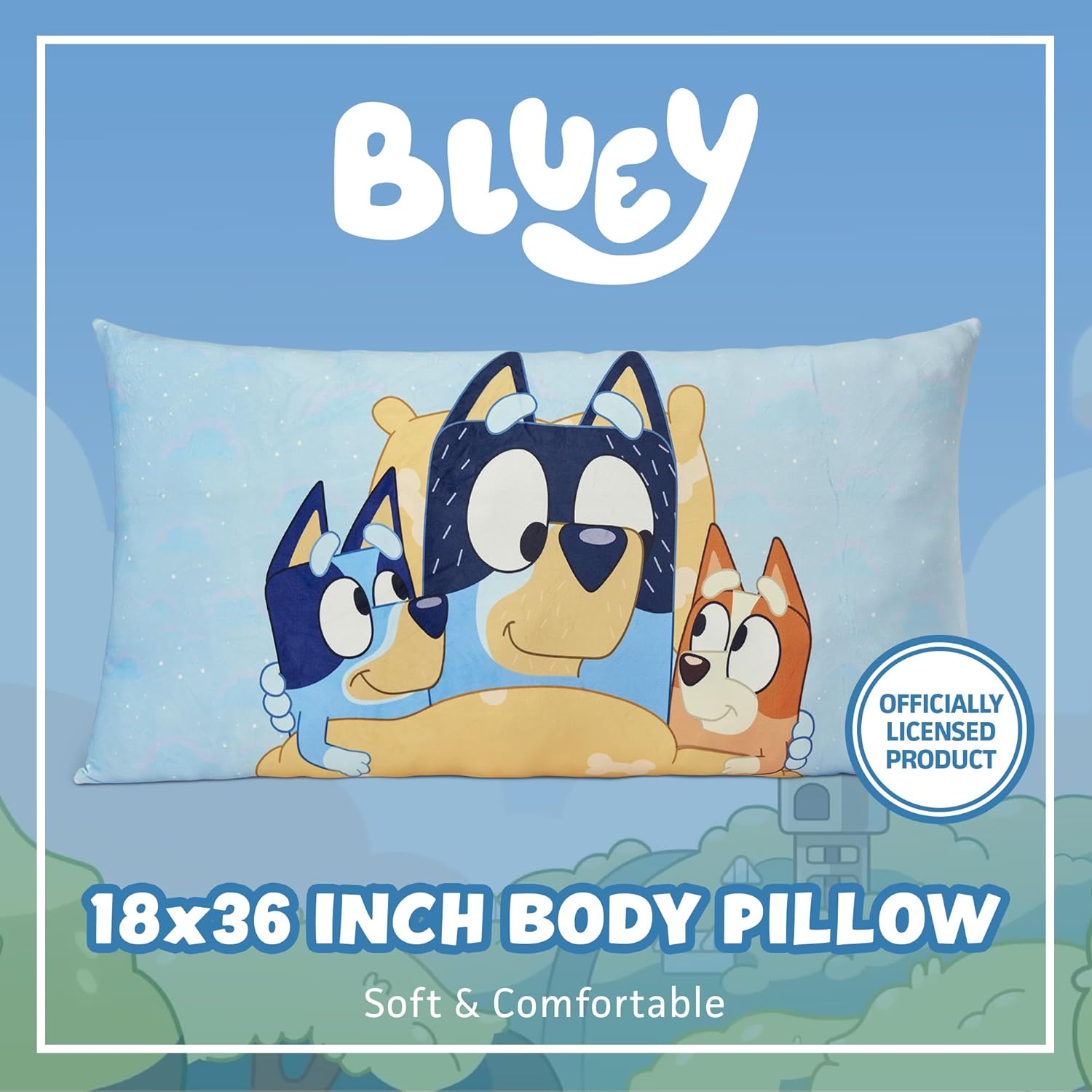 Northwest Bluey Bandit Bingo Bedtime Cloud Body Pillow – 18 x 36 Inch Reversible Pillow Plush – Soft 100% Polyester Bedding Pillow for Bedroom, Lounge, or Travel – Bluey Family Design
