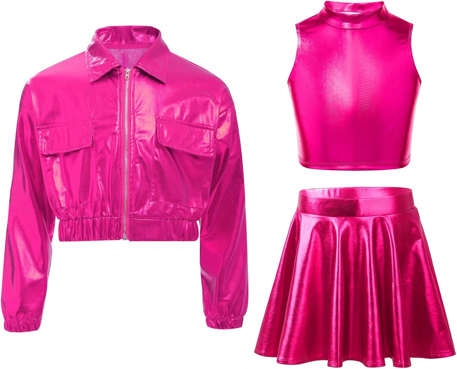 Girls Metallic 3 Piece Dance Outfit Bomber Jacket Crop Tank Top Skater Skirt Shiny Hip Hop Jazz Dancewear
