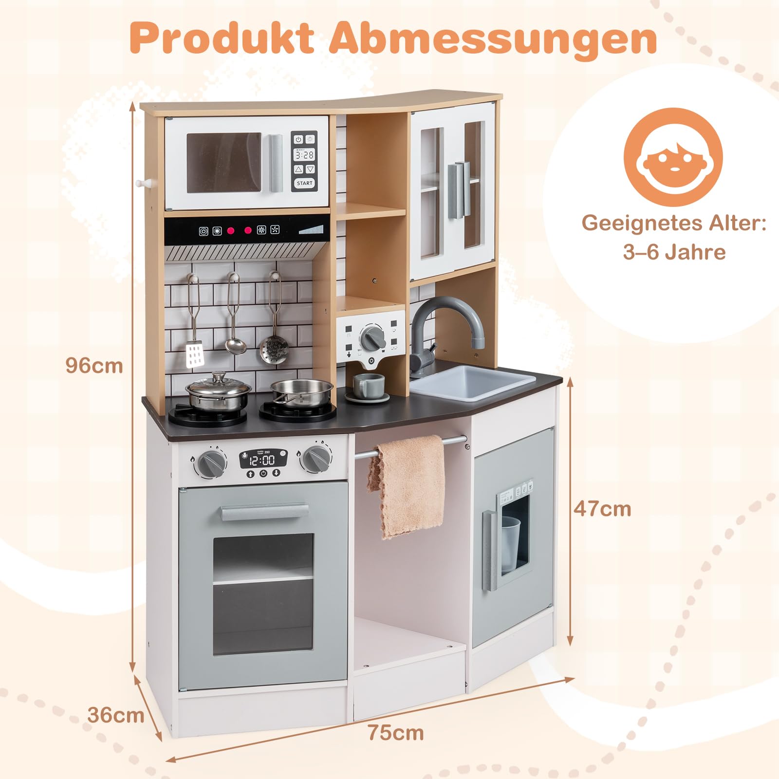 COSTWAY Kinderküche mit 10 TLG. Zubehör, Holz Spielküche mit Licht und Sound, Holzküche inkl. Herd, Spüle, Eismaschine, Kaffeemaschine, Mikrowelle & Ofen, Spielzeugküche für Kinder ab 3 Jahren (Grau)