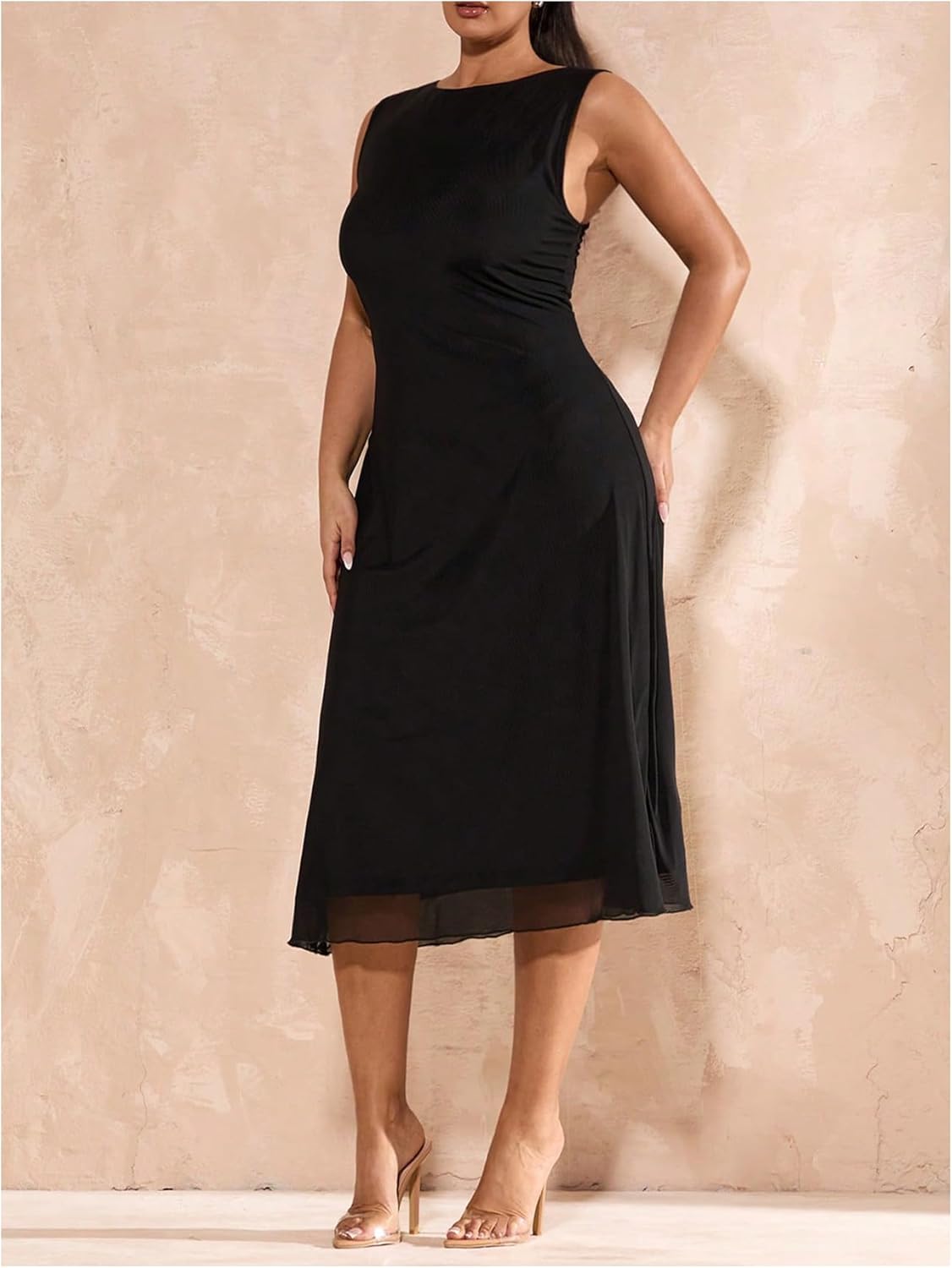 Milumia Women's Plus Size Mesh Sleeveless Midi Dress Elegant Crew Neck A Line Flowy Party Dresses - Image 2