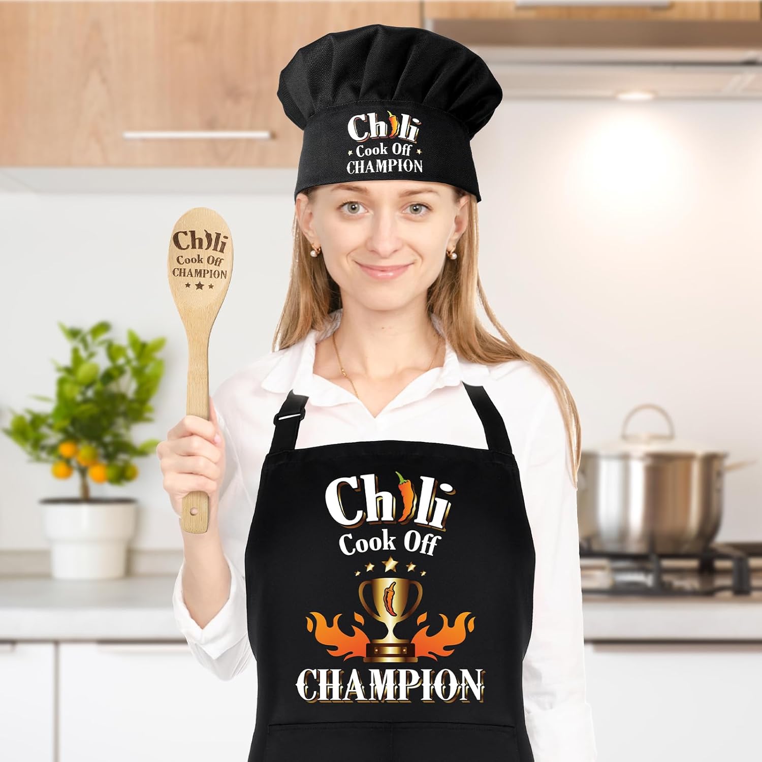 3 Pcs Chili Cook-off Prizes, Funny Chili Cook-Off Champion Apron Adjustable Chili Cook-off Champion Hat Chef Hat and Wood Spoon, Funny Chili Cook-off Trophies Gifts for Chili Festivals - Image 6