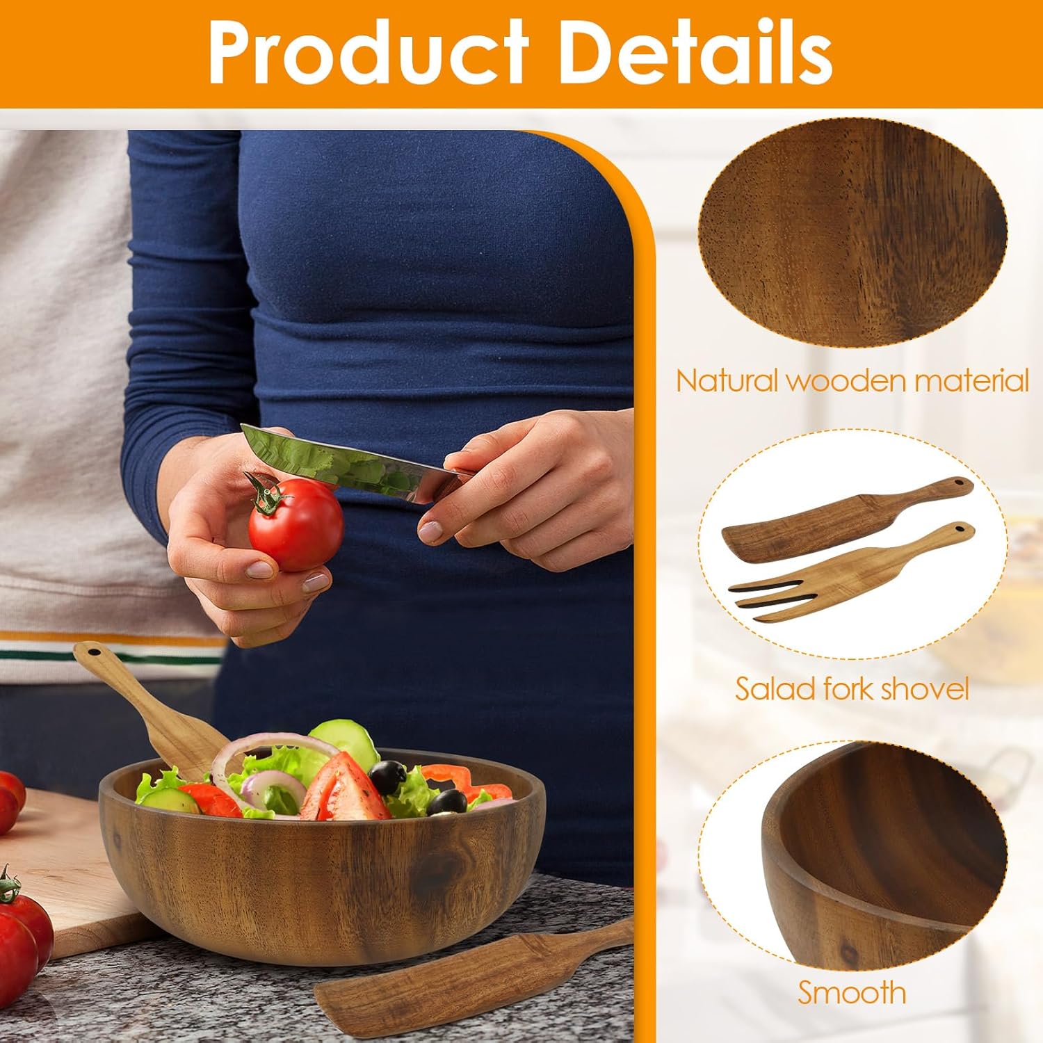 Wood Salad Bowl with Spatula and Fork, Round Serving Bowl, Large Mixing Bowls Set with Serving Utensils, Multi-functional Kitchen Serveware for Salads,Soups,Fruits,Snacks,Pasta