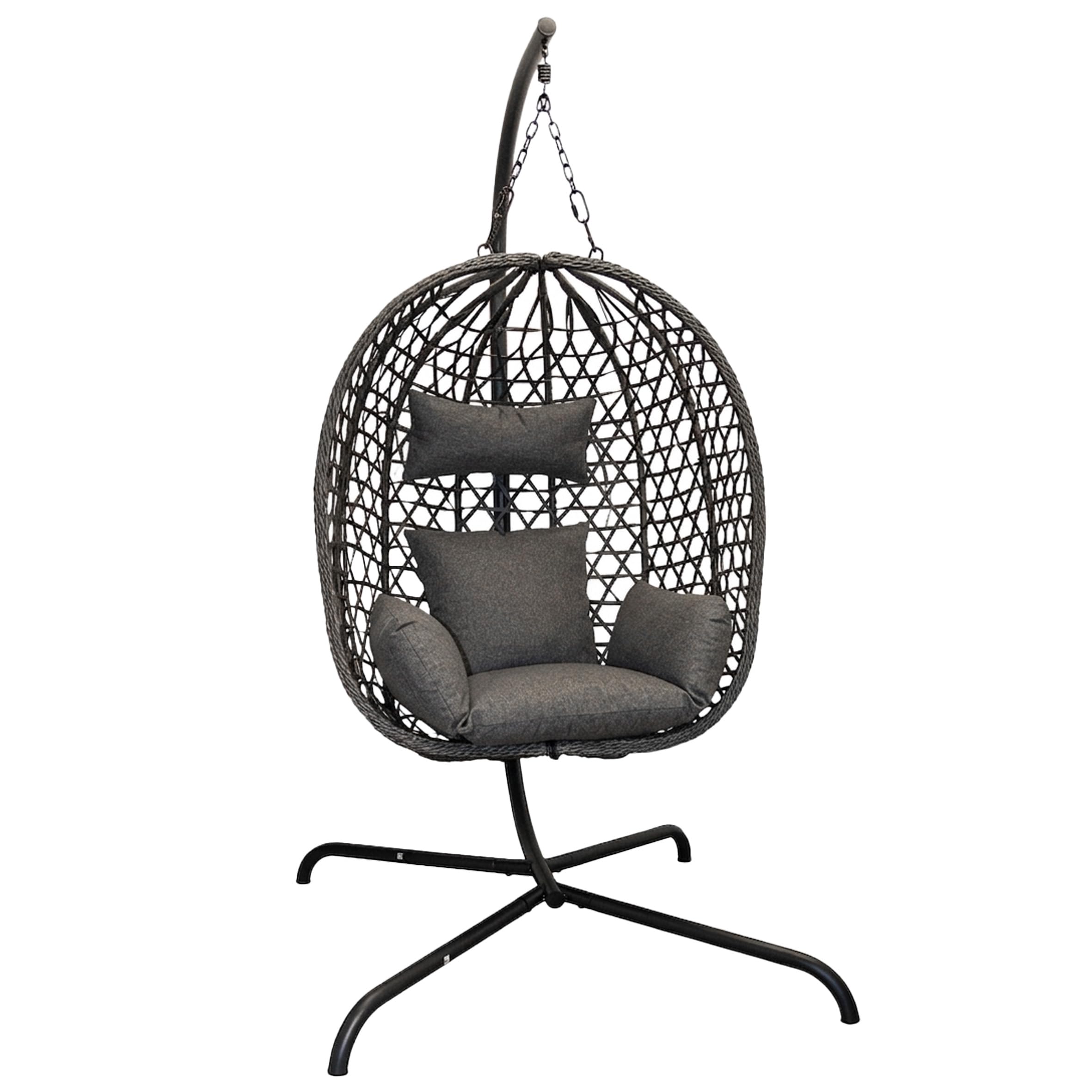 Poltrona sospesa per esterni, con telaio e supporto, 194 cm, antracite, in polyrattan, con cuscino per interni ed esterni, da giardino, in vimini, imbottita, resistente alle intemperie