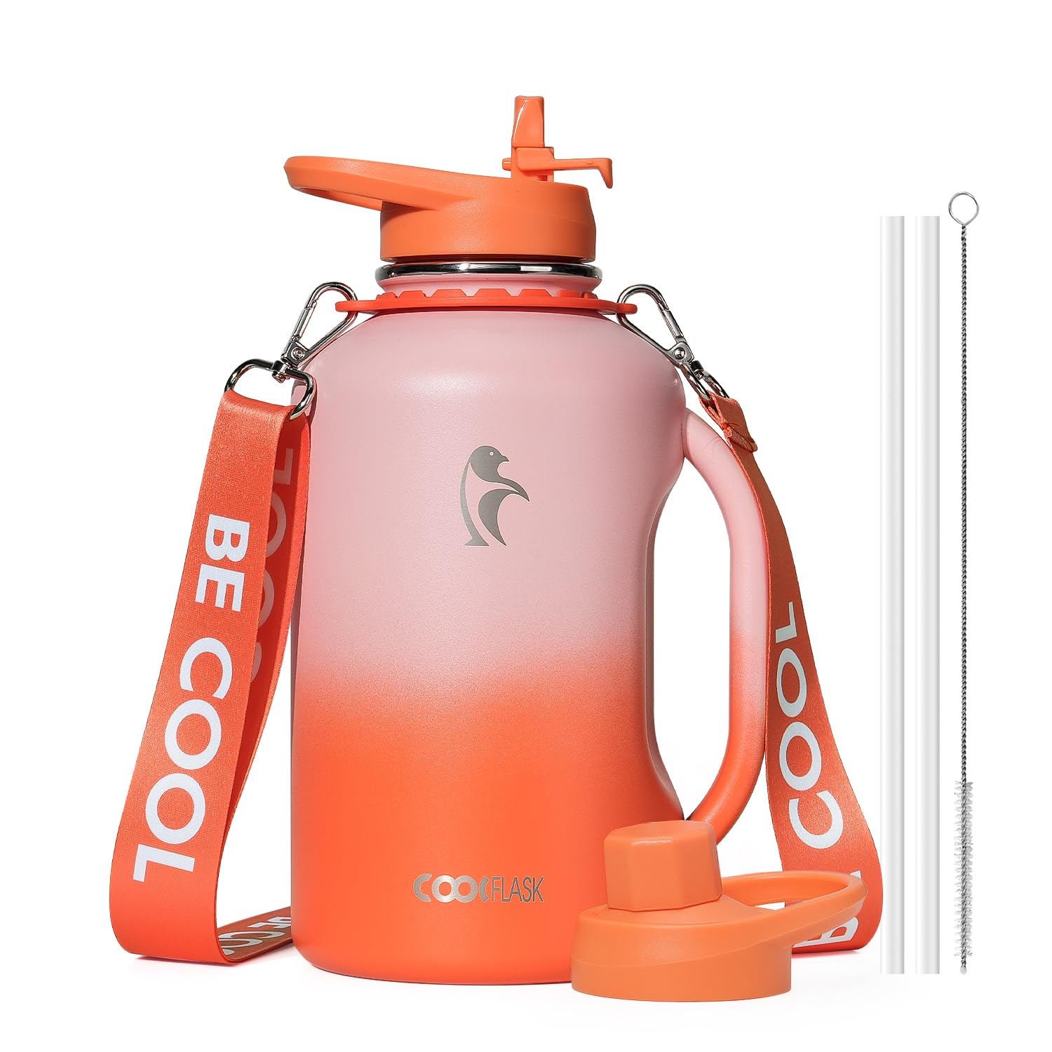 Coolflask 64oz Insulated Water Bottle, Half Gallon Water Jug With Handle Straw Stainless Steel Double-Walled Vacuum Metal Large Flask With Strap