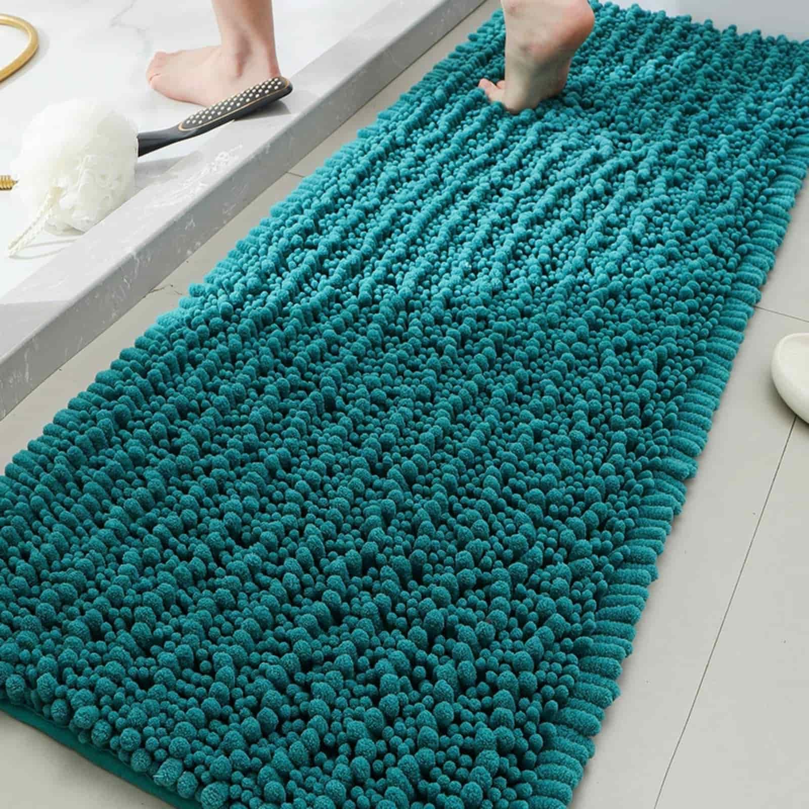 Chickwin Chenille Bath Mat Non Slip, Soft Absorbent Bathroom Mat Fluffy Chenille Bathmats Thick Microfiber Bath Foot Carpet Bathroom Carpet Rugs for Shower Floor (Turquoise,43x61cm)