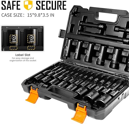 Miniatura 6 de BOEN Juego de 57 llaves de impacto SAE y métricas de 12 pulgada, revestimiento de fosfato negro, diseño de 6 puntos, cumple con las normas ANSI