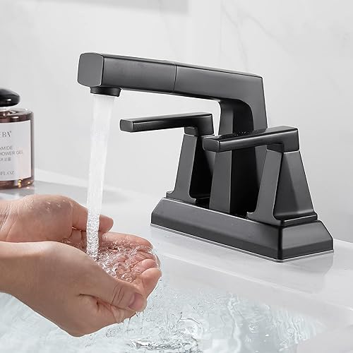 Miniatura 4 de MIAOHUI Grifo de lavabo de baño negro mate de 3 agujeros, doble mango de 4 pulgadas con rociador, grifo extraíble de baño