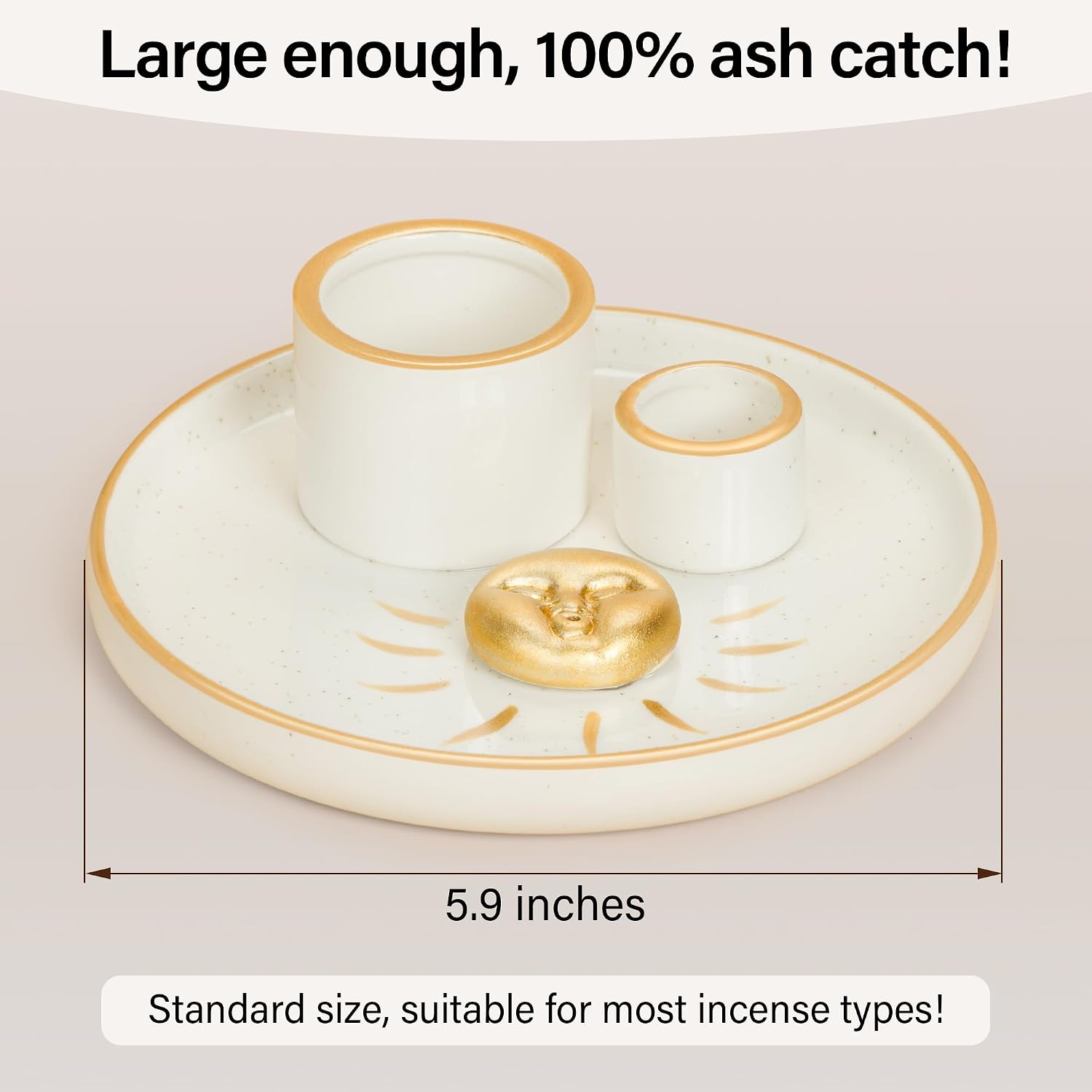Multifunction Incense and Candle Holder for Burning Sage, Palo Santo, Incense Sticks - 5.9" Ceramic Ash Catcher Tray for Meditation Room Home Decor Spritual Gifts(Gold Sun)