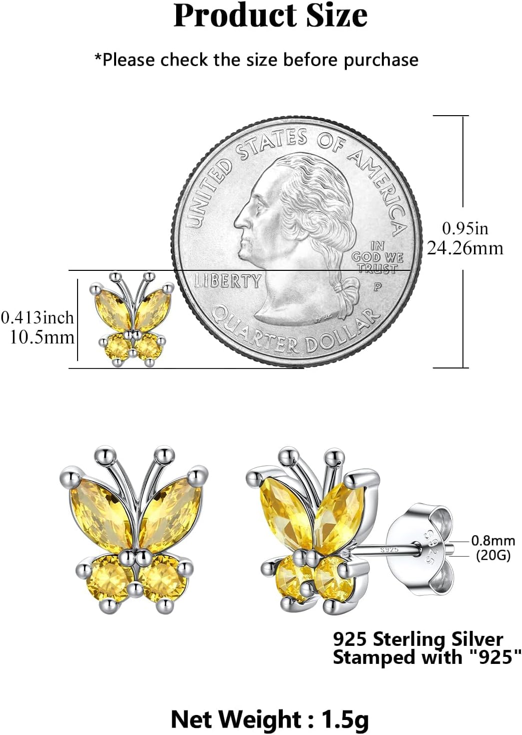 Silvora Birthstone Earrings for Women, 925 Sterling Silver Butterfly Stud, Small Butterfly Earrings Birthstone Jewelry