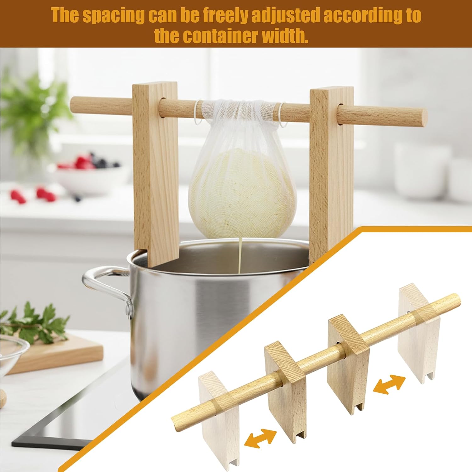 Pot Dripper for Cheese Making, Wooden Cheese Making Kit to Strain Fresh Cheese, Butter and Juice, Adjustable Size Cheese Dripper Tool, Home Cheese Pot Dripper for All Cooking