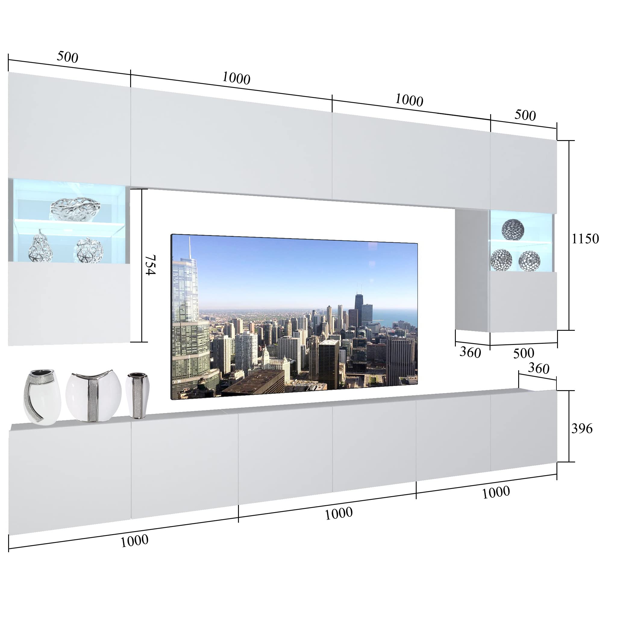 Belini - Set completo da parete per soggiorno, moderna parete con illuminazione a LED, colore: Nero
