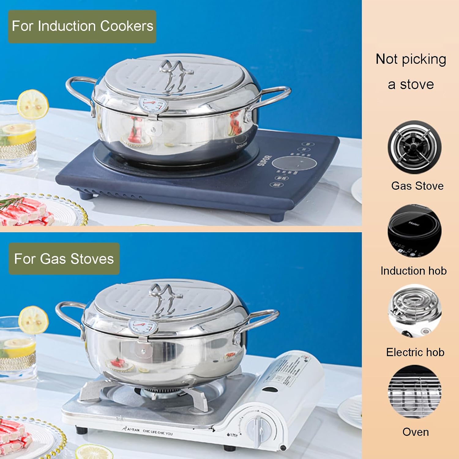 4.2L Japanese Tempura Deep Fryer Pot, 304 Stainless Steel Deep Fryer Pot with Thermometer, Oil Drip Drain Rack and Lid for Home Use, Thickened Deep Frying Pan for French Fries Chicken Nuggets Shrimp