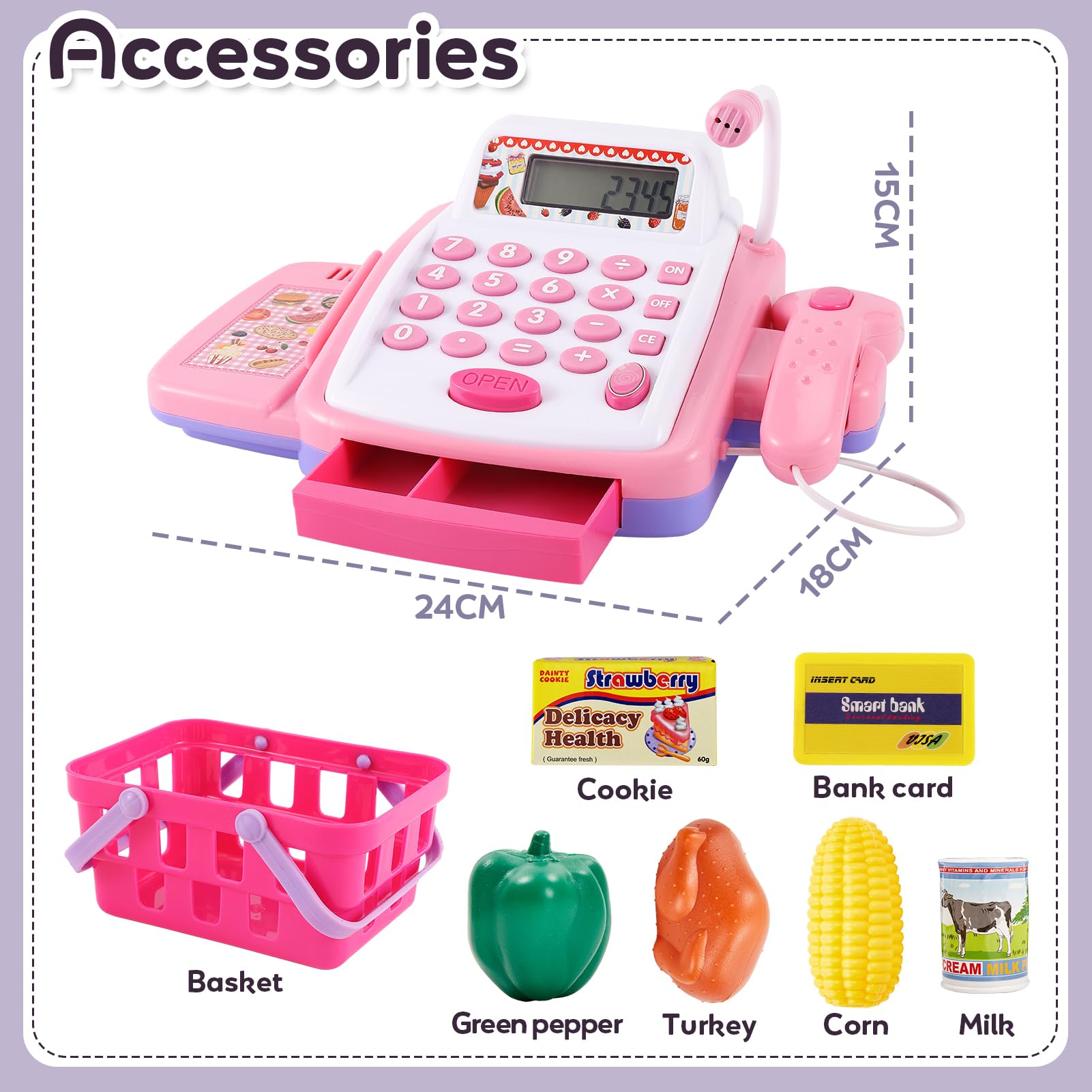 HYAKIDS Registratore di Cassa Supermercato Giocattolo per Bambini con Scanner di Suoni e Luci, Cibo Finto, Carrello, Giochi di Imitazione Regalo per Ragazze Ragazzi 3 Anni Rose