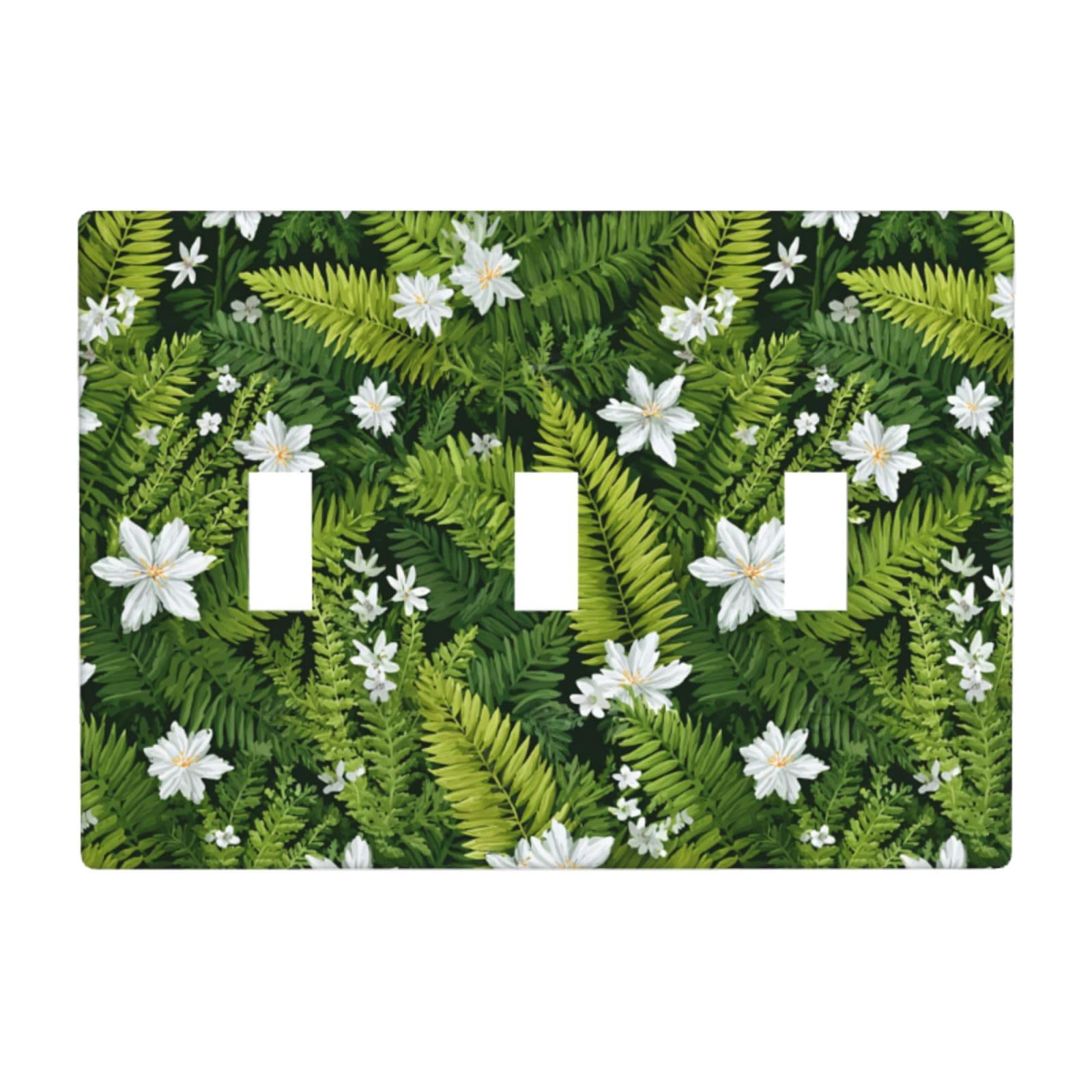 Woshuwo White Blossoms And Waving Fern Light Switch Covers 3 Gang Triple Toggle Wall Plate Switchplate Electrical Faceplate For Bathroom Kitchen Bedroom Decor