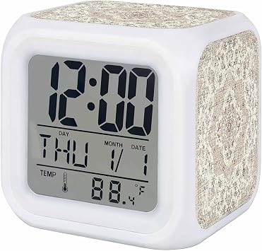 Bohemian Alarm Clock, Vintage Distressed Beige Ethnic Geometric Floral Digital Clock Night Light with 7 Color, Calendar Temperature Display, NightLight Clock for Bedroom, 3.2x3.2in