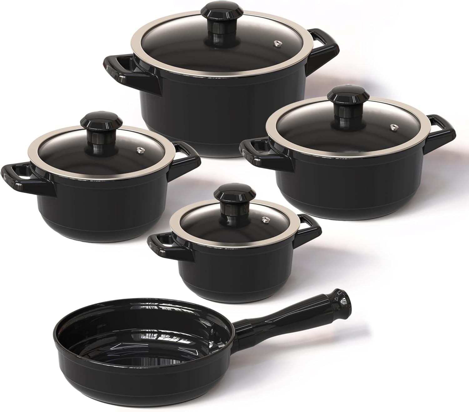 Real Ceramic, Non Scratchable, Non Toxic Cookware Set - Oven Safe Up to 1200F, Stovetop Agnostic, Dishwasher Safe, Longlasting and Lightweight - PFAS, PTFE, PFOA, PFOS - Black