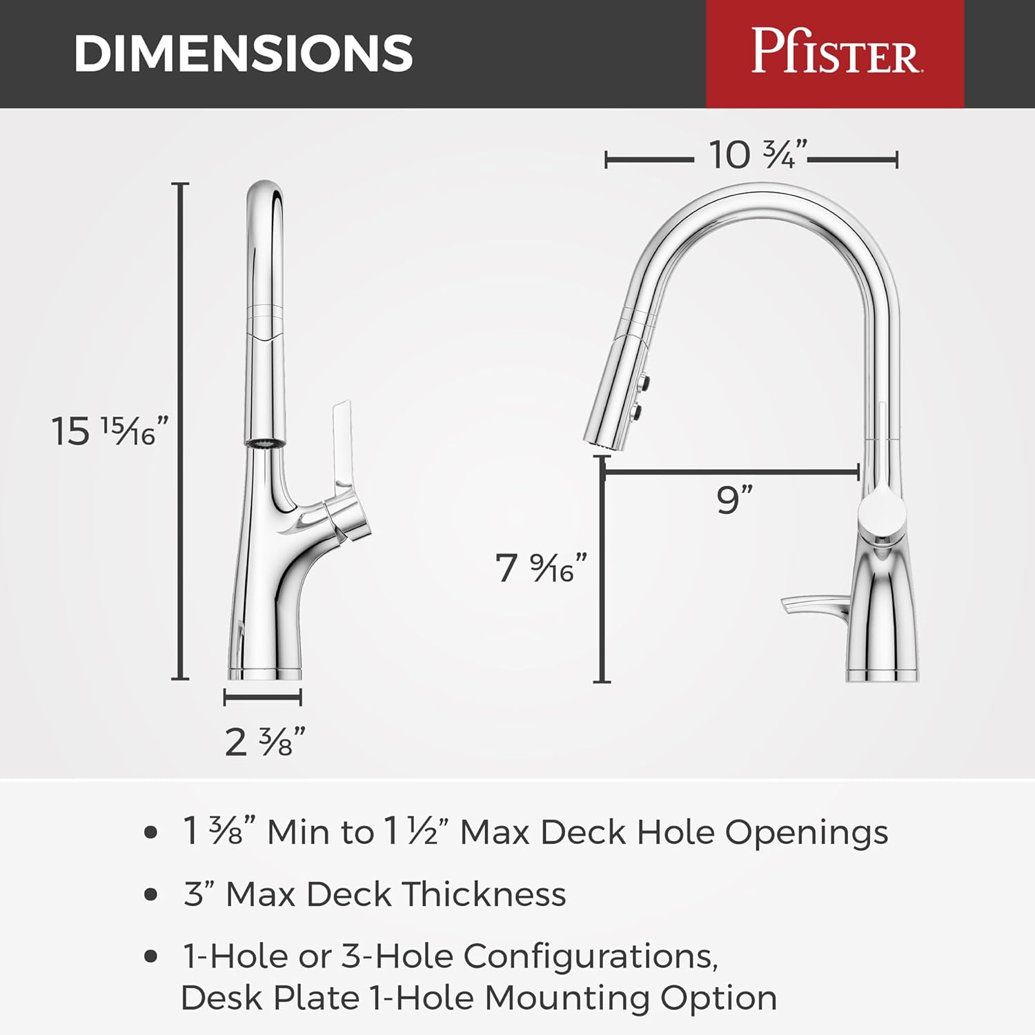 Pfister Ceylon Kitchen Faucet with Pull Down Sprayer and Soap Dispenser, Single Handle, NSF Certified, Polished Chrome Finish, F5297CLOC