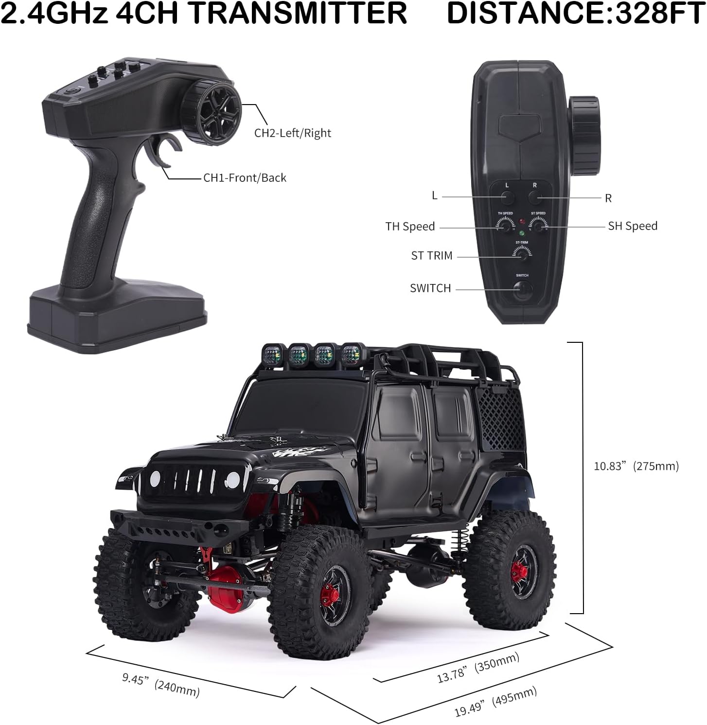 1:10 Scale RC Rock Crawler 4x4 - Hobby Grade All-Terrain RC Truck with Carbon Fiber Frame, All-Metal Gearbox, Waterproof ESC, 2.4GHz for Adults & Teens (Black)