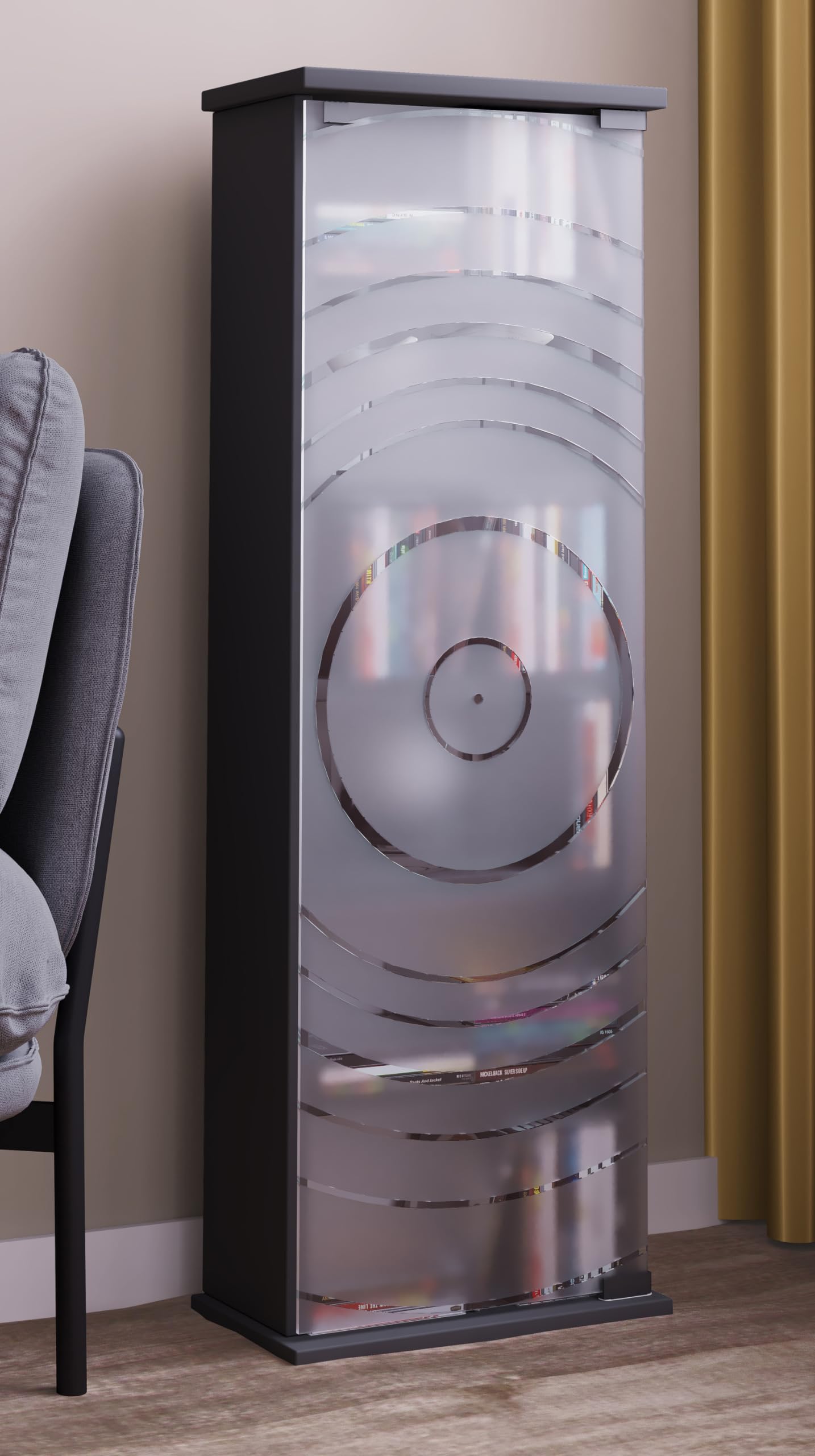 VCM Bois,CD,DVD,Stand,étagère,Armoire,Rangement,étagère sur Pied,Support,Porte vitrée,Tilano,M Anthracite