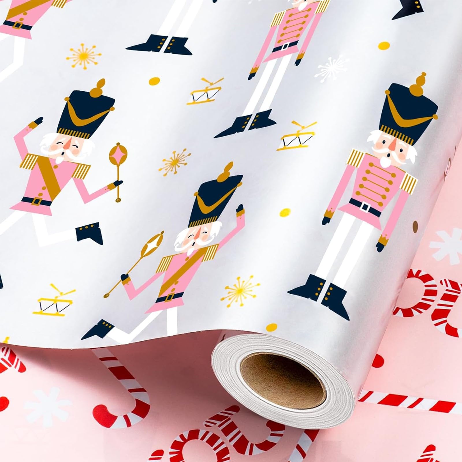 Wikadlik Silver Christmas Wrapping Paper Roll - Gift Wrap Paper 43cm x 10m Funny Nutcracker, Candy Cane, Joy Lettering