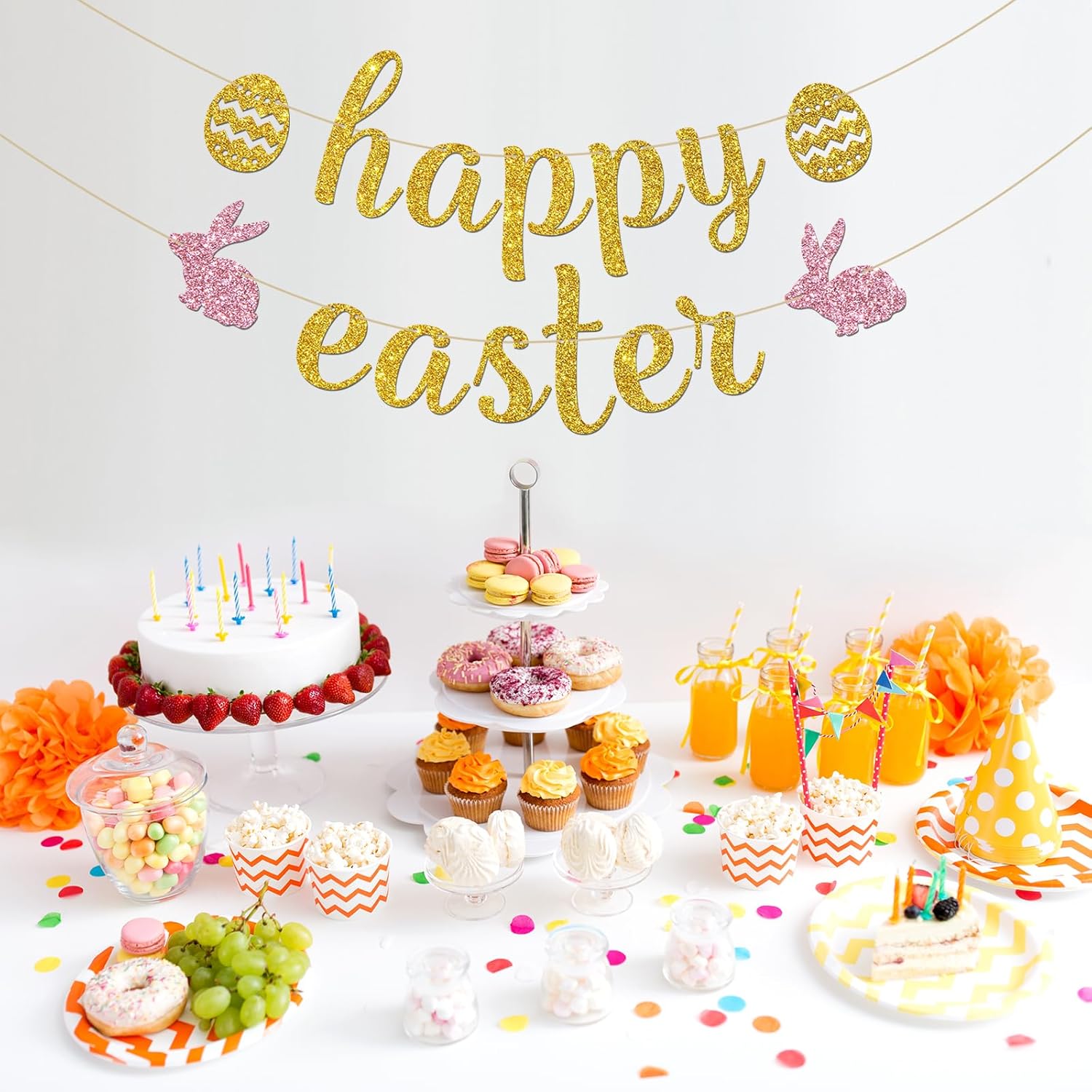 INNORU Happy Easter Banner, Easter Bunny Party Hanging Bunting, Spring Party Easter Decorations Supplies Banner, Gold Glitter