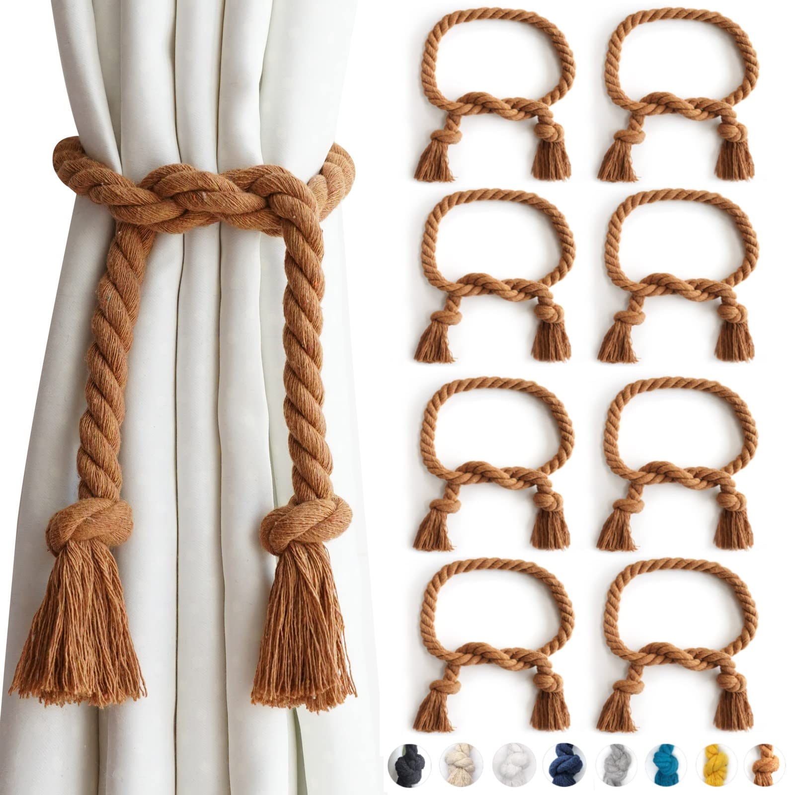 Yteseery 8 Pack Outdoor Curtain Tiebacks Rope, Natural Cotton Curtain Holders, Village Rural Rustic Curtain Holdbacks, Farmhouse Nautical Curtain Rope