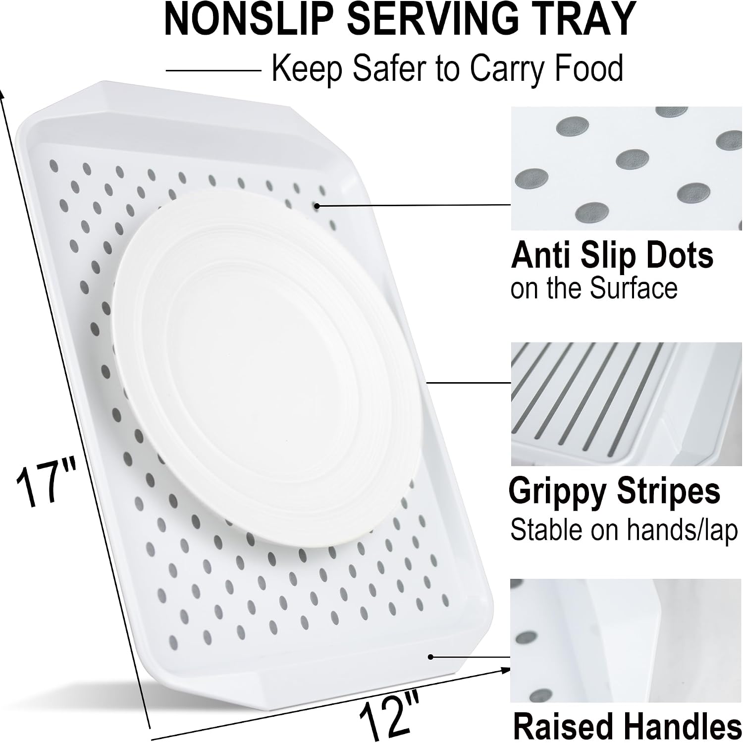 Czlizdyt Non Slip Serving Tray with Handles, Food Trays for Eating on Couch, Lap Trays for Breakfast Dinner Snack Fruit Appetizers Beverage, Rectangular, Set of 2, White
