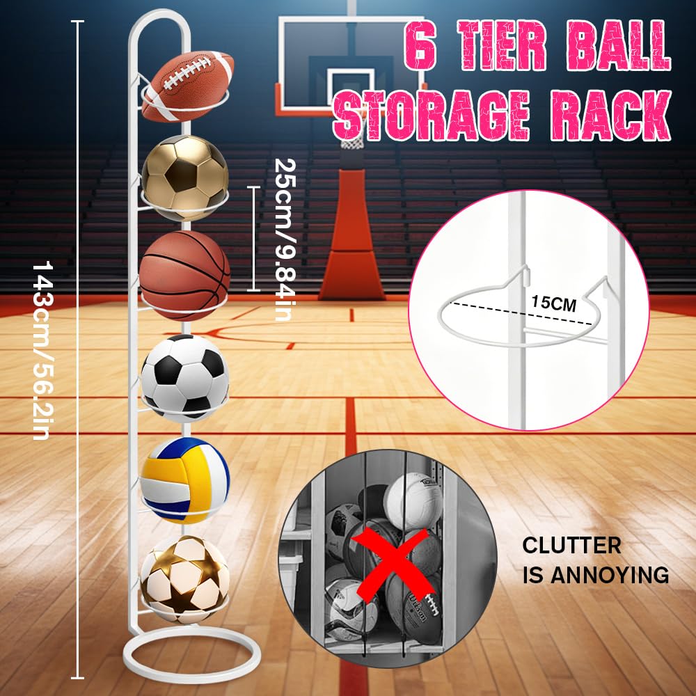 6 Strati Porta Palloni, Rastrelliera da Basket Verticale, Supporto per Palloni da Calcio, Scaffale di Stoccaggio Della Palla Rimovibile Scaffale di Stoccaggio di Attrezzature Sportive (Bianco)