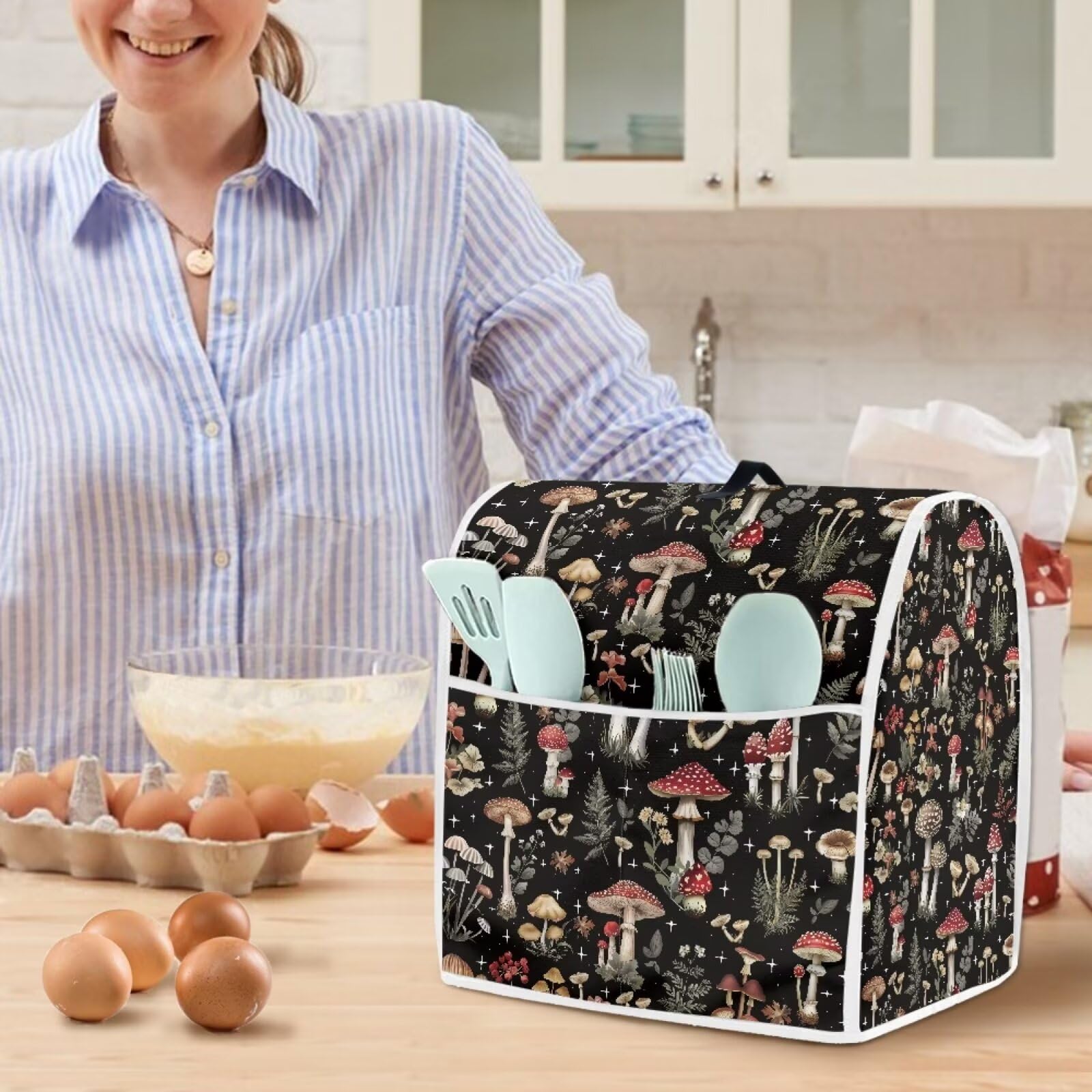 chaqlin Pokrywa miksera z nadrukiem grzyba do kuchni mikser do żywności osłona blendera kuchennego odporny na plamy zmywalny pokrowiec ochronny osłona miksera kuchennego z kieszenią na mikser stojący,