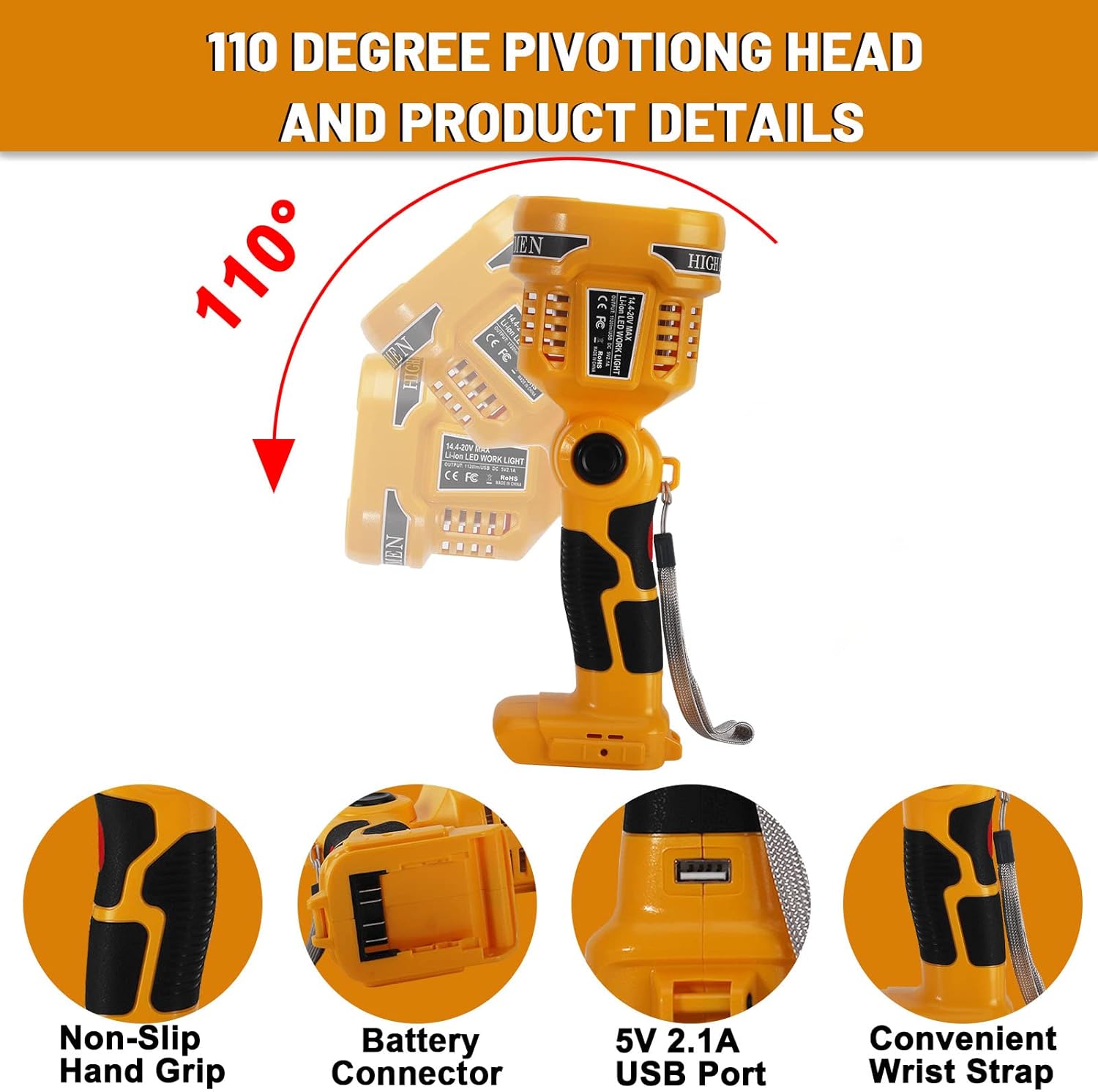 YEX-BUR Flashlight for Dewalt 20v Battery, 12W 1120LM LED Work Light, Portable Spotlight with USB Port, 4 Modes, 110 Degree Pivoting Head for Camping Garage Workshop Power Outage Emergency