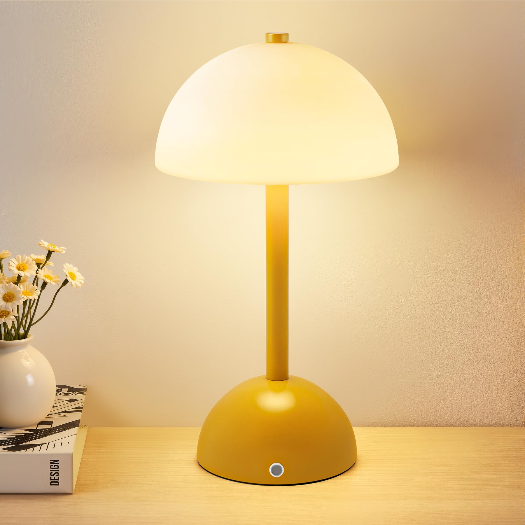 GyroVu LED Pilzlampe Tischlampe Gelbe, 4000mAh USB Aufladbar Kabellose Nachttischlampe mit Farbtemperaturregelung, Niedliche Tragbare Kleine Lampe für Wohnzimmer und Schlafzimmer