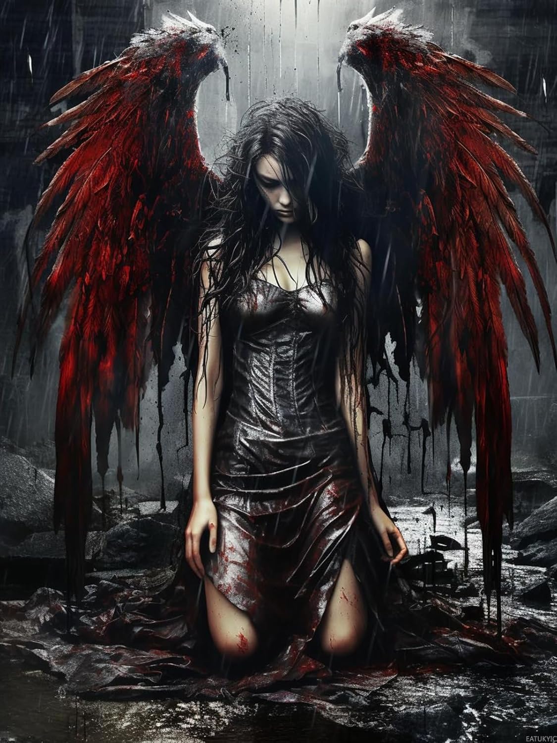 EATUKYIC Fallen Angel Women Black Wing 5D Diamond Art Painting for Adults Full Drill Round Diamond Paint by Number Kits for Beginners Gems Cross Stitch for Wall Decor 12x16inch