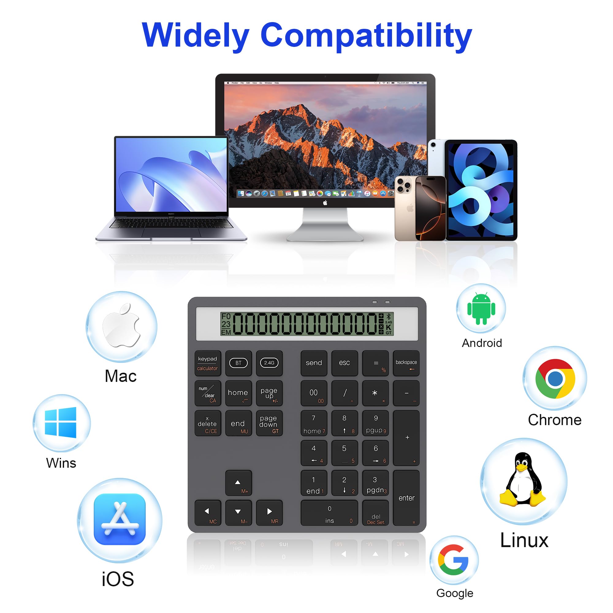2 in 1 Tastierino Numerico Bluetooth e 2.4G, 34 Tasti Tastierino Numerico con Calcolatrice per PC/laptop/iPhone/iPad, Tastierino Numerico per Windows/Mac/iOS/Android