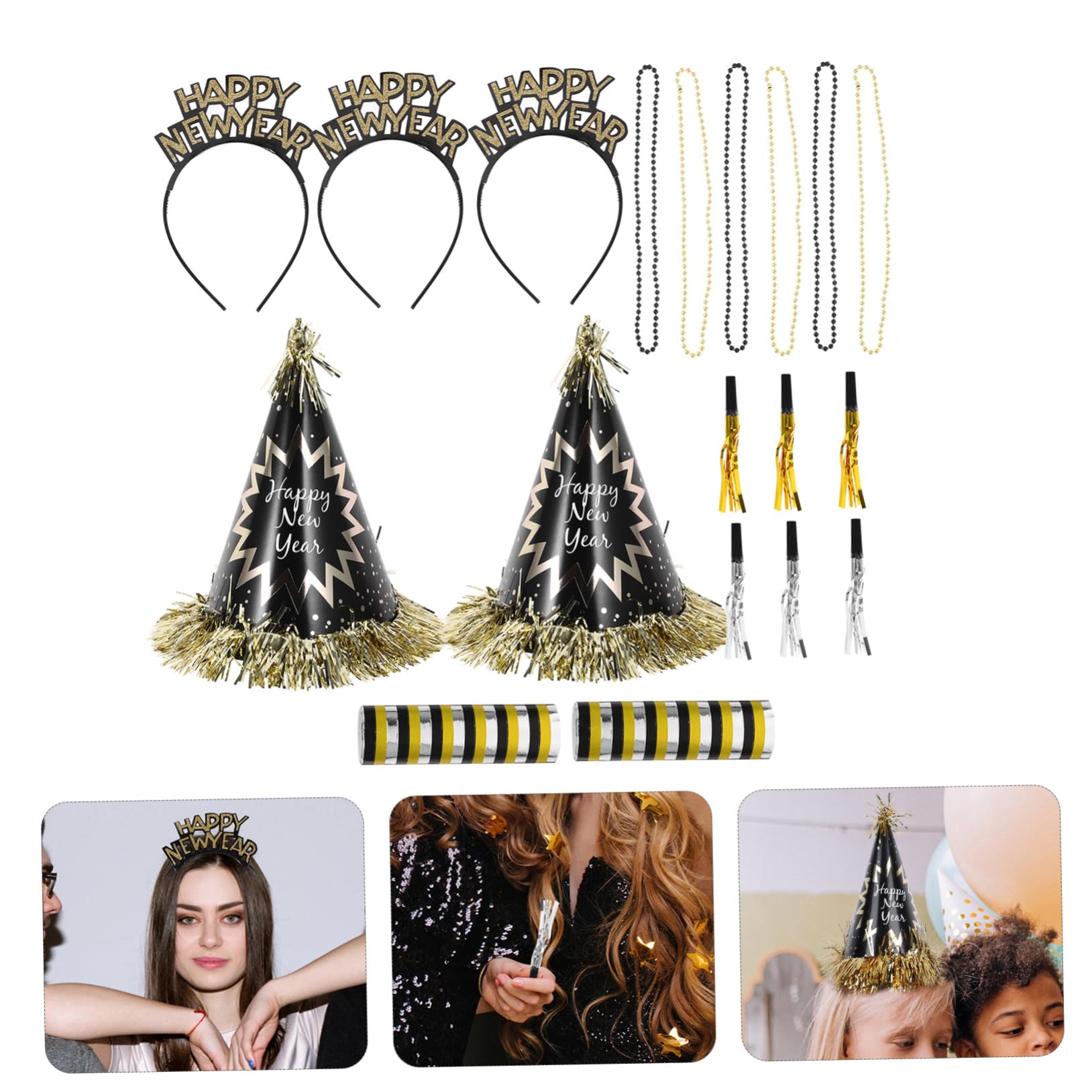 Neujahrs-party-deko Set mit Schwarzem und Goldenem Beaded Necklace Papierhut Stirnband und Krachmachern für Silvester Feier Vielseitig Modisch und Komfortabel Festliche Atmosphäre