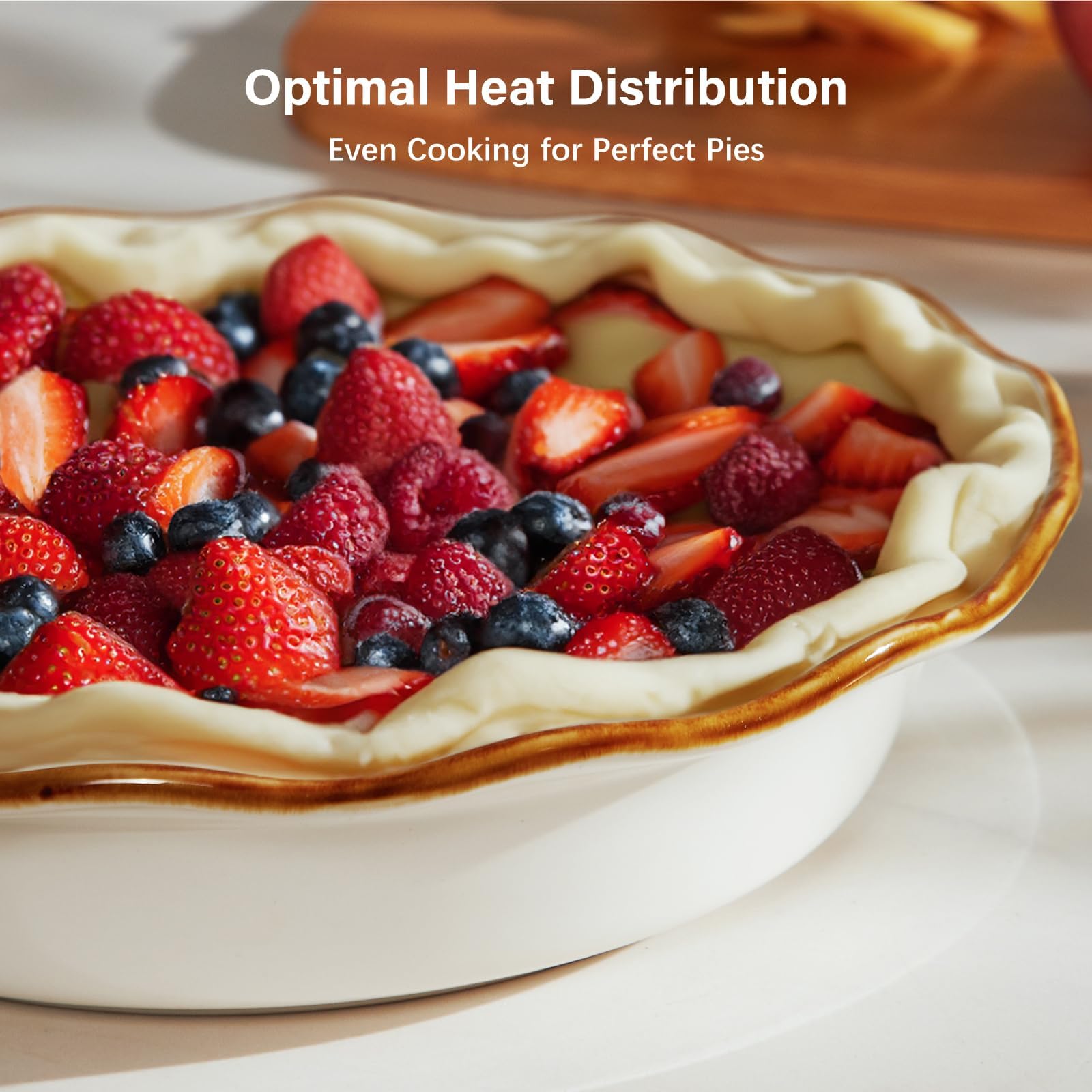 ONEMORE Moule à tarte en céramique de 22,9 cm de profondeur - Passe au four - Pour tartes au poulet, quiches et tartes, blanc rustique pour des croûtes parfaites - Grand plat de cuisson avec bord