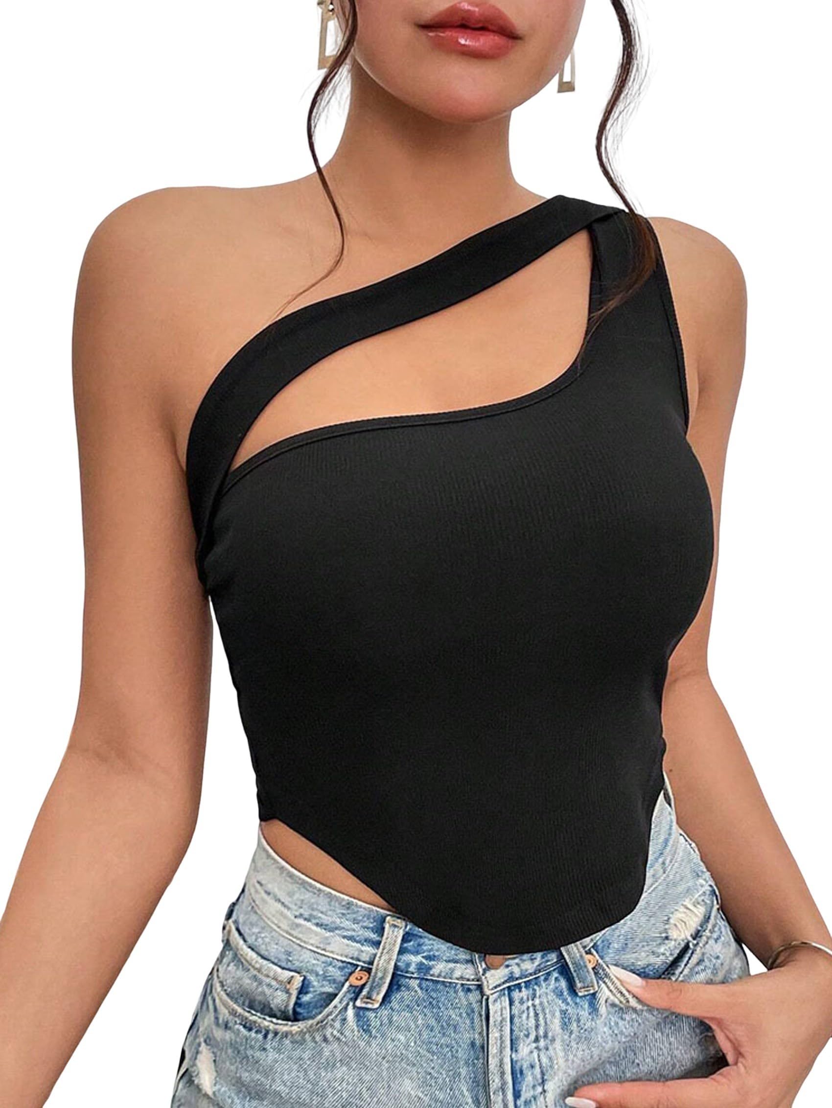 Wouueso Womens One Shoulder Sports Bra Sleeveless Workout Yoga Bra Backless Summer Crop Tank Tops Black XL