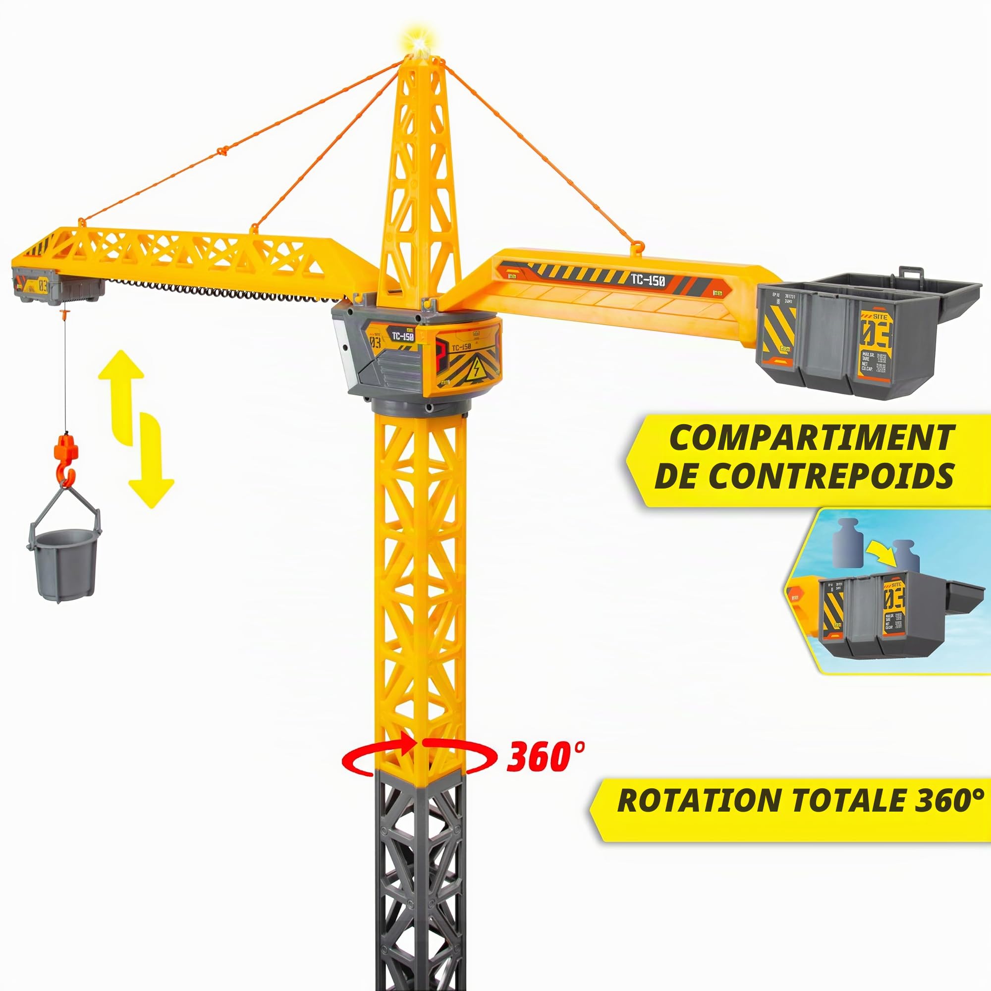 Dickie 203729025 Grue Titan Radio Control 150 cm, Pivote à 360°, Monte et descend avec lumière et USB, Accessoires Inclus, Jouet de Construction, à partir de 3 Ans