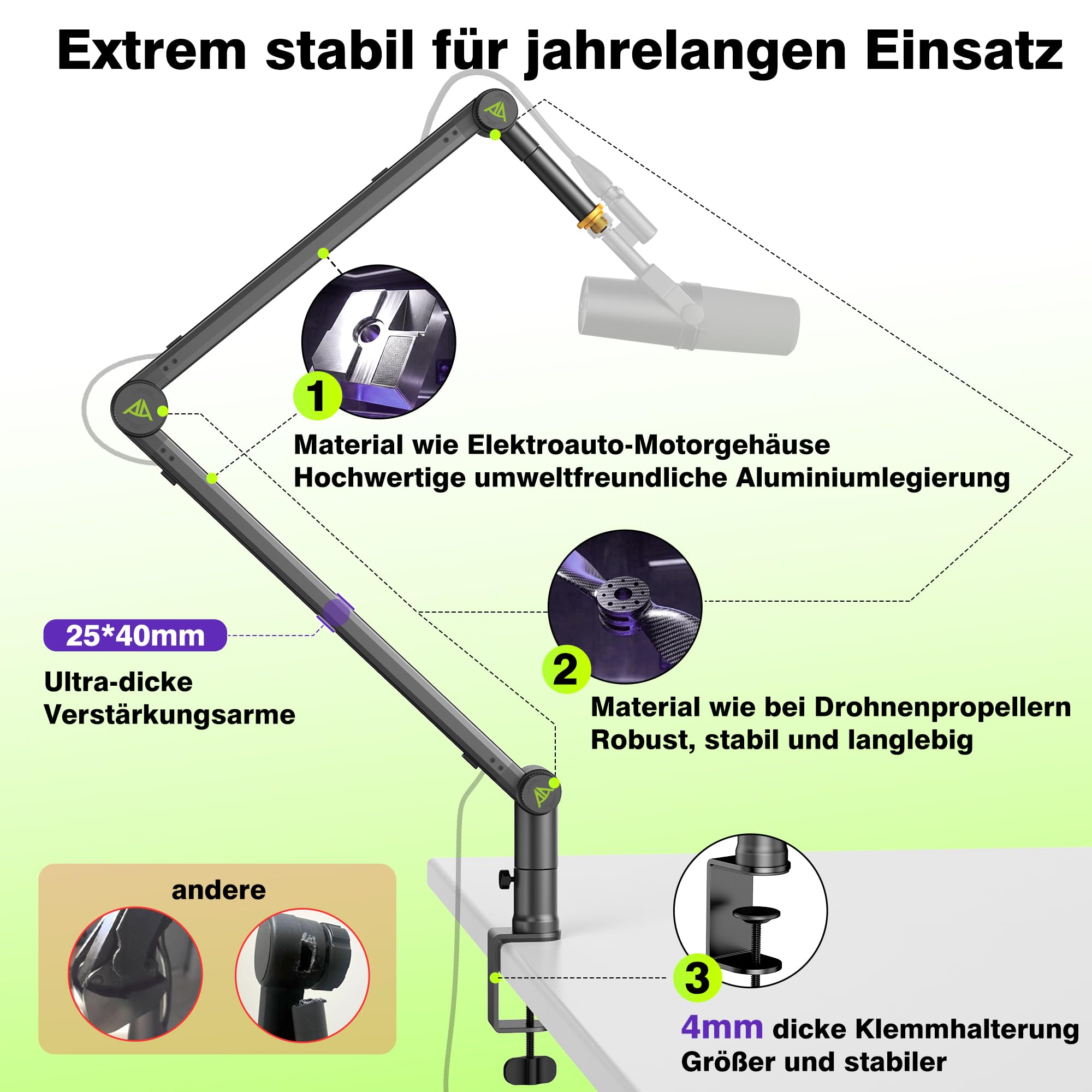 AA AUDIO ACCESSORY Passend für Shure SM7B, SM7dB & MV7 – Mikrofon-Arm ohne Durchhängen, 950 mm Reichweite, 3 kg Tragkraft, Zahnrad-Verriegelung Tischhalterung, kompatibel mit Blue Yeti, Rode & Co.