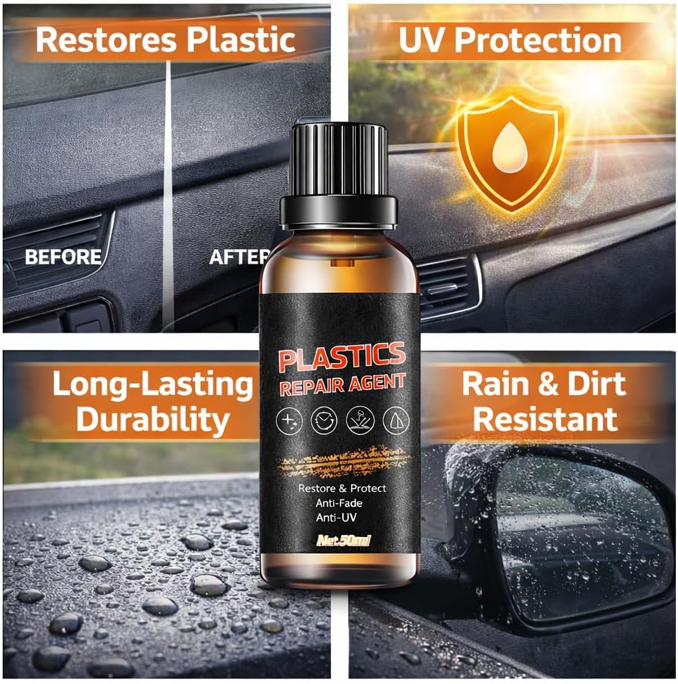Plastic Restorer & Protectant - 50ml UV Protection for Plastic, Rubber, and Vinyl | Restores & Protects Car Trim, Dashboard, Bumper, Side Skirt | Long-Lasting Waterproof & Scratch Resistance