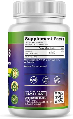 Miniatura 2 de Built by Nature Suplemento de vitamina D  Vitamina D3 5000 UI con aceite de coco MCT  Fácil de tragar VIT D Mini Geles blandos  1 año de suministro