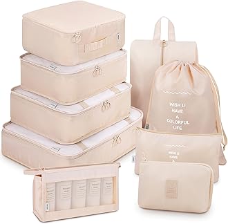 Mossio9 Set Packing Cubes with Shoe Bag & Electronics Bag - Luggage Organizers Suitcase Travel Accessories, Beige, Large