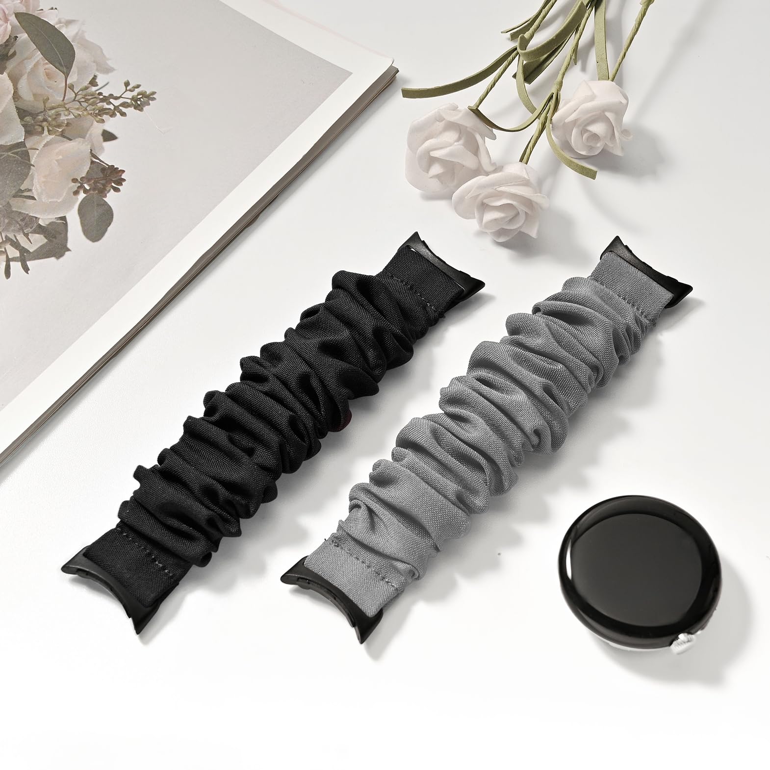 Tovimall Bands Compatible with Google Pixel Watch 2 /Pixel Watch Band,Elastic Fabric Watch Band,Scrunchie Strap Replacement Watch Bands For Women(2 Pack)