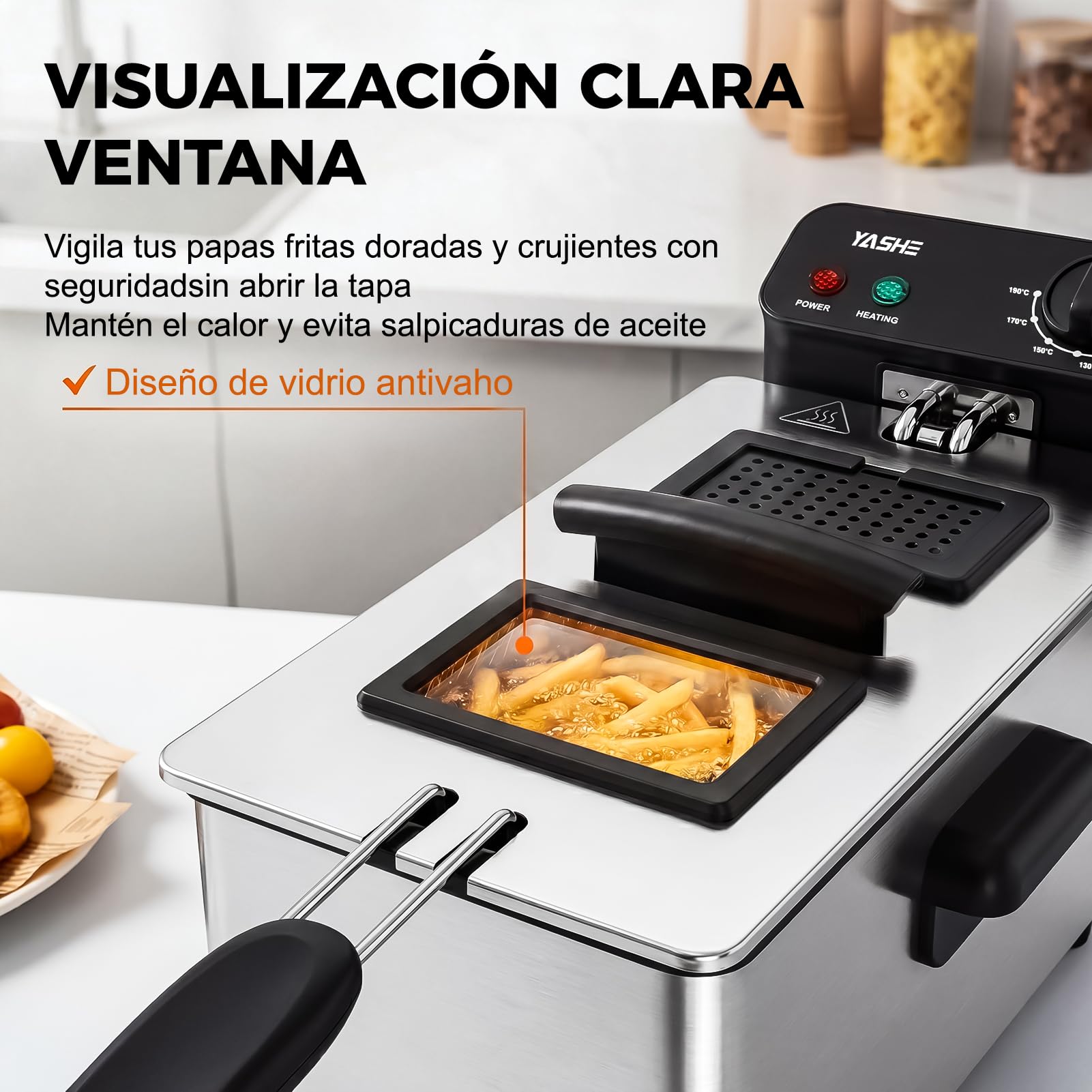 Freidora eléctrica de 3,2 L con ventana de visualización, freidora de acero inoxidable de 1500 W con control de temperatura, cesta extraíble y depósito de aceite, fácil de limpiar