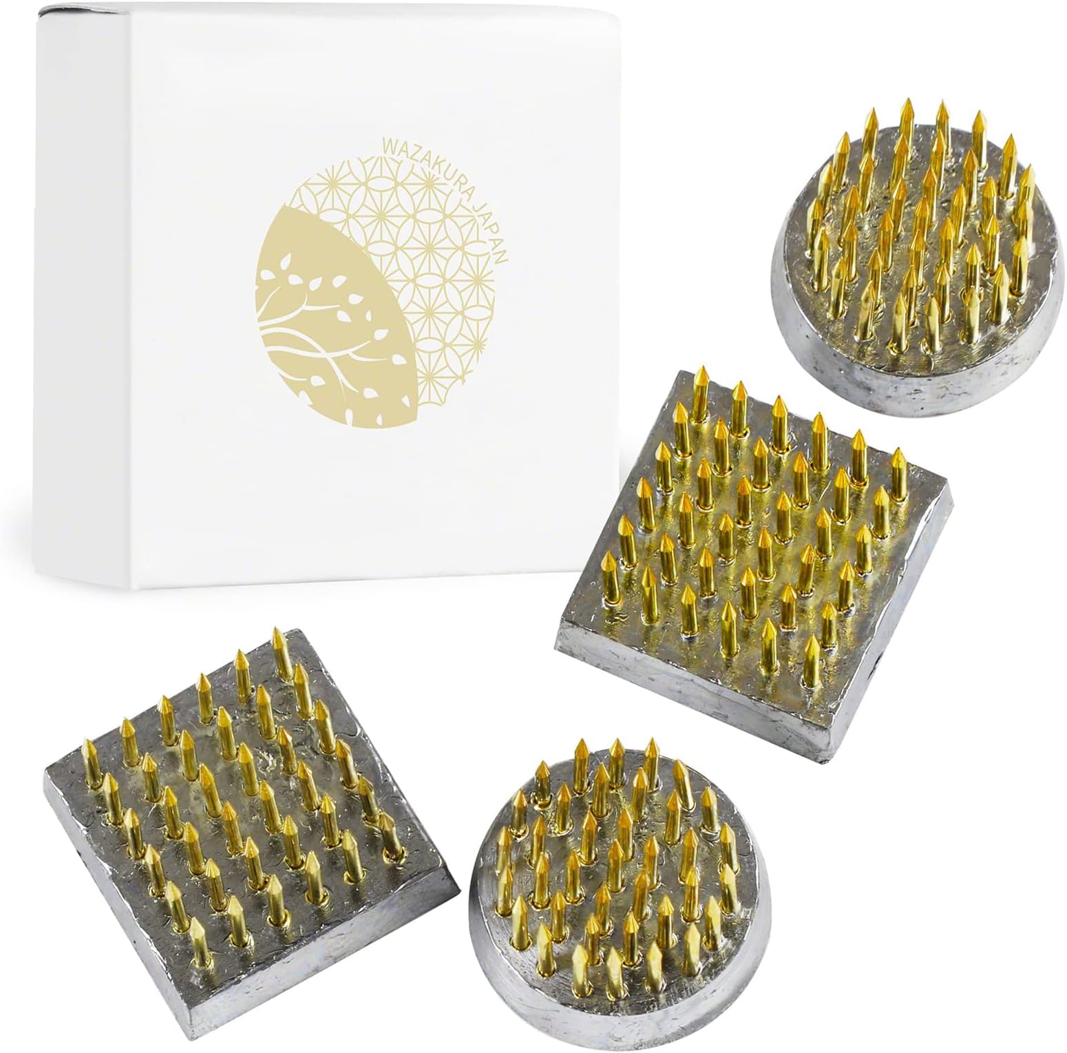 4PCS Mini Ikebana Kenzan Japanese Flower Holder Pin Cushion, Made in Japan, Flower Arranging Accessories Pin Flower Frog, Round Square - 1"(24mm) Brass