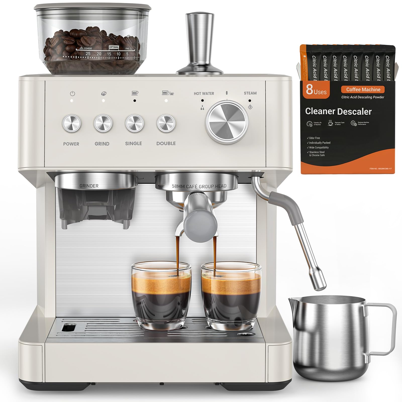 (2026 Upgrade) Espresso Machine with Grinder, 15 Bar Expresso Coffee Machines, Professional Coffee Maker for Latte&amp;Cappuccino with Milk Frother, Expresso Machines for Home Descaling Kit Included White