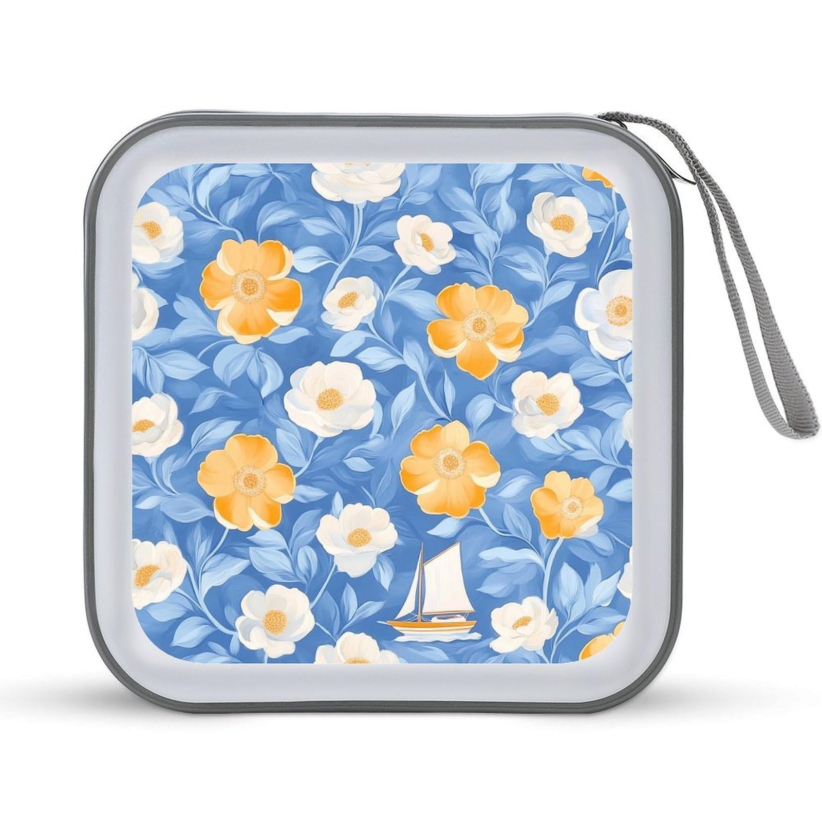 DuduYH White Yellow Flowers Sailboat CD Case DVD Storage Case Portable for Car Home Travel