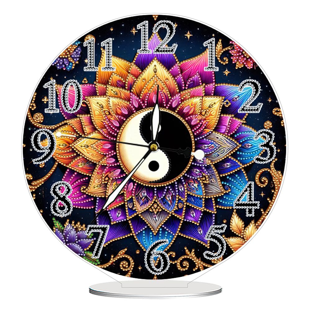 DIY 5D Diamond Art Tabletop Clock Kit - Special Shaped Crystal Desk Clock with Acrylic Base, Gem Art Craft for Home Office Decor, Unique Gift Idea(Yin Yang Lotus)