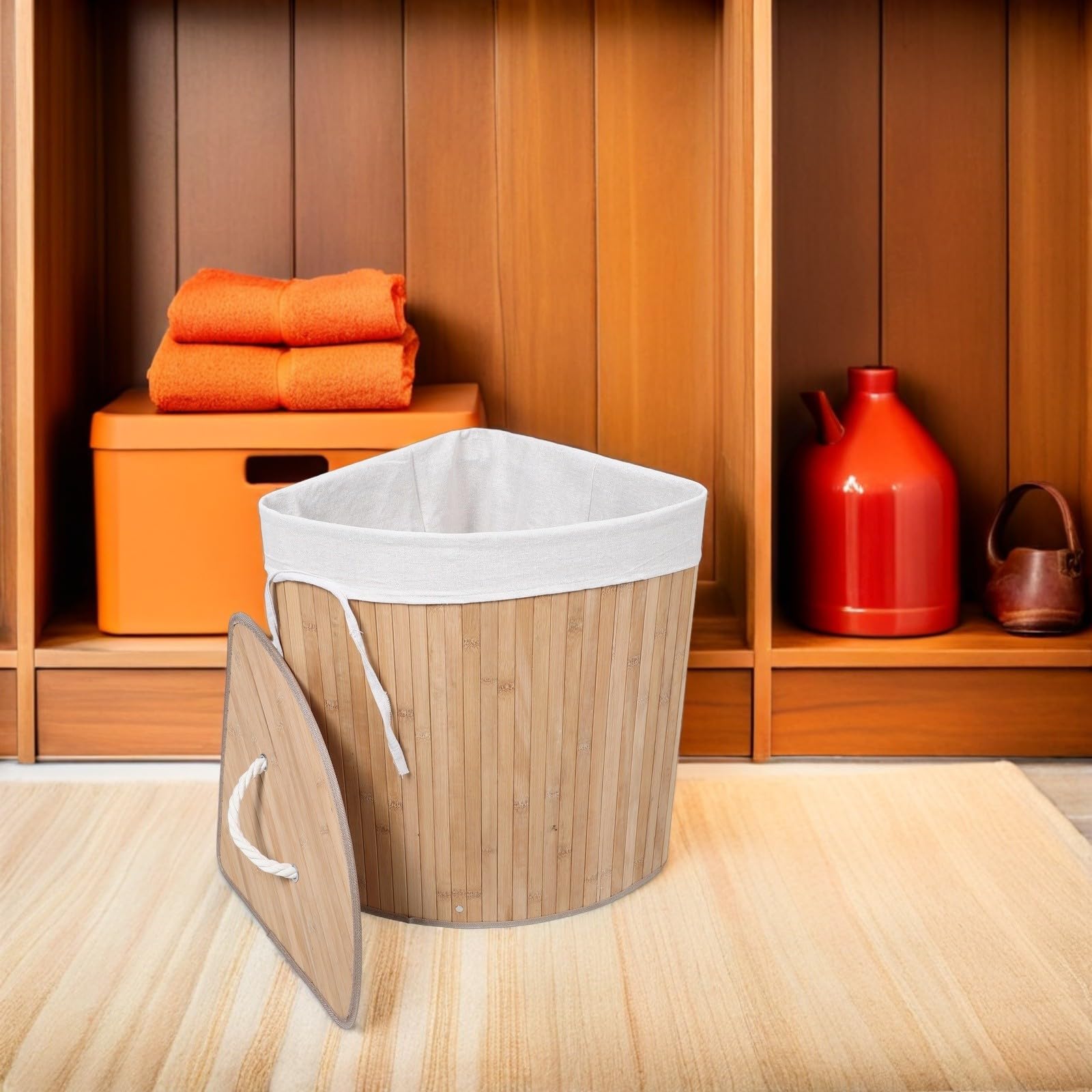 Cesto Biancheria Triangolare in Bambù con Coperchio e Manico | Fodera Rimovibile, Angolo Bagno e Camera, Superficie Liscia e Pulibile, Colore Beige