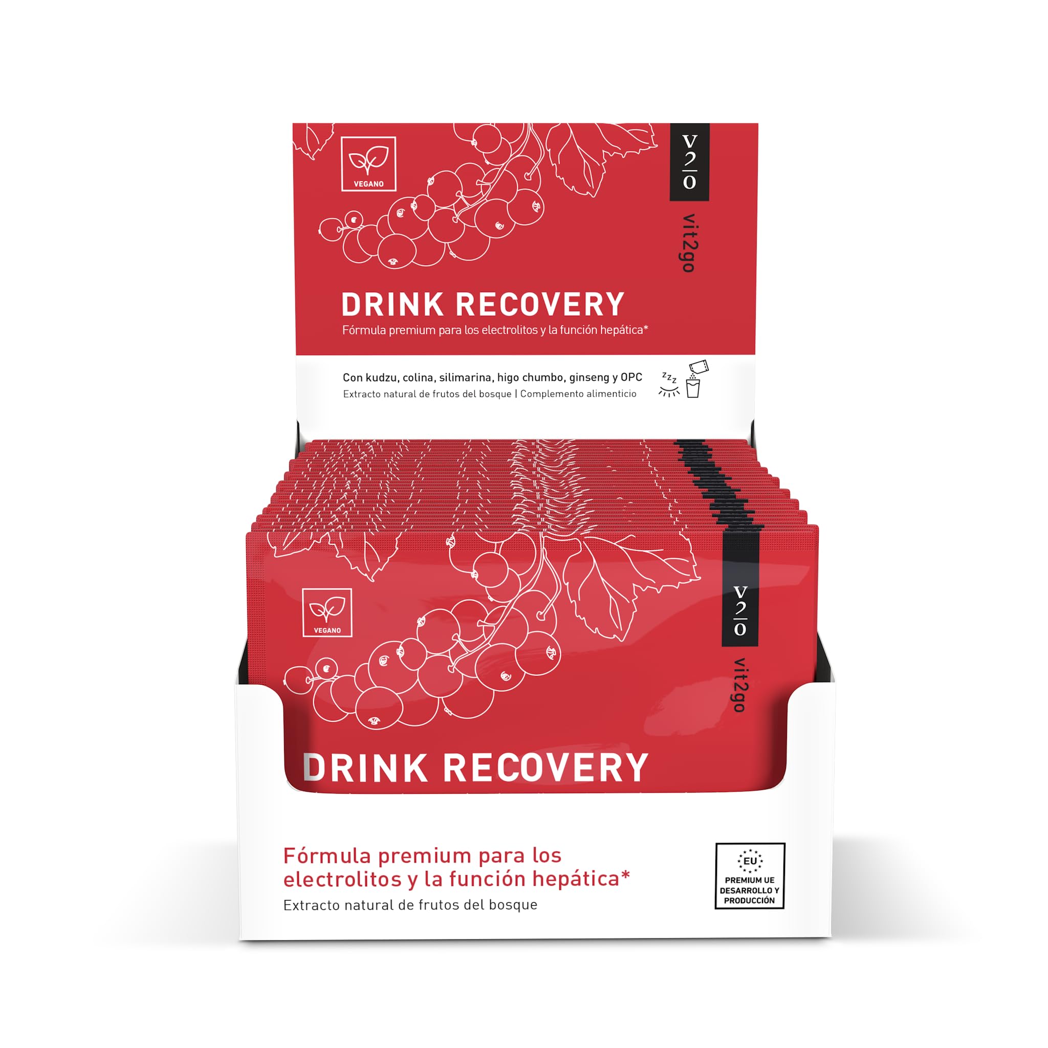 DRINK RECOVERY | Anti resaca | Electrolitos + 7 Vitaminas B + Cardo Mariano | Suplemento en Polvo Sabor Frutos del bosque | 100% Vegano | 30 Sobres
